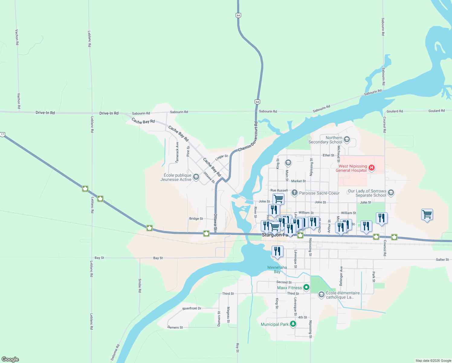 map of restaurants, bars, coffee shops, grocery stores, and more near Ontario 64 in West Nipissing