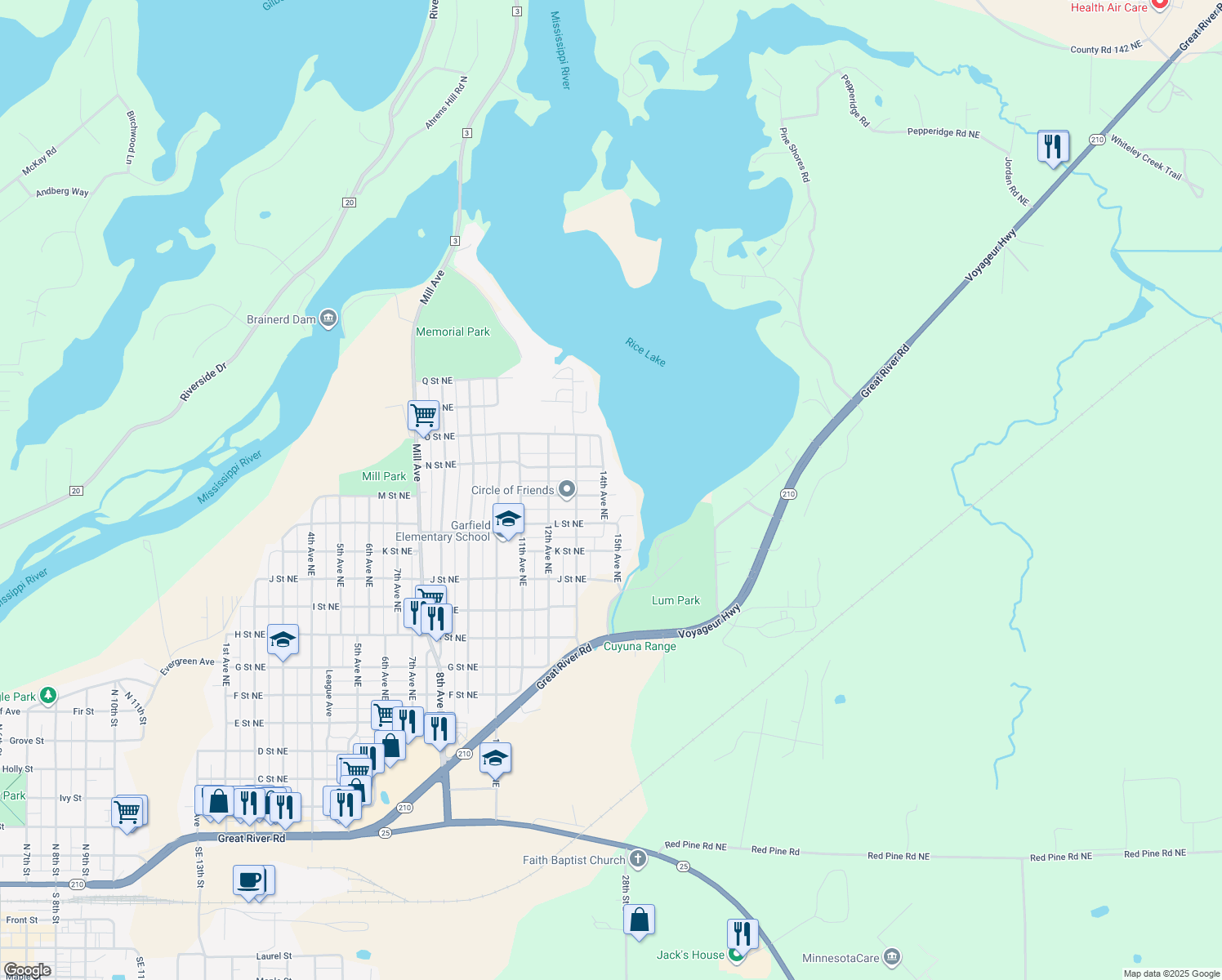 map of restaurants, bars, coffee shops, grocery stores, and more near 1306 14th Avenue Northeast in Brainerd