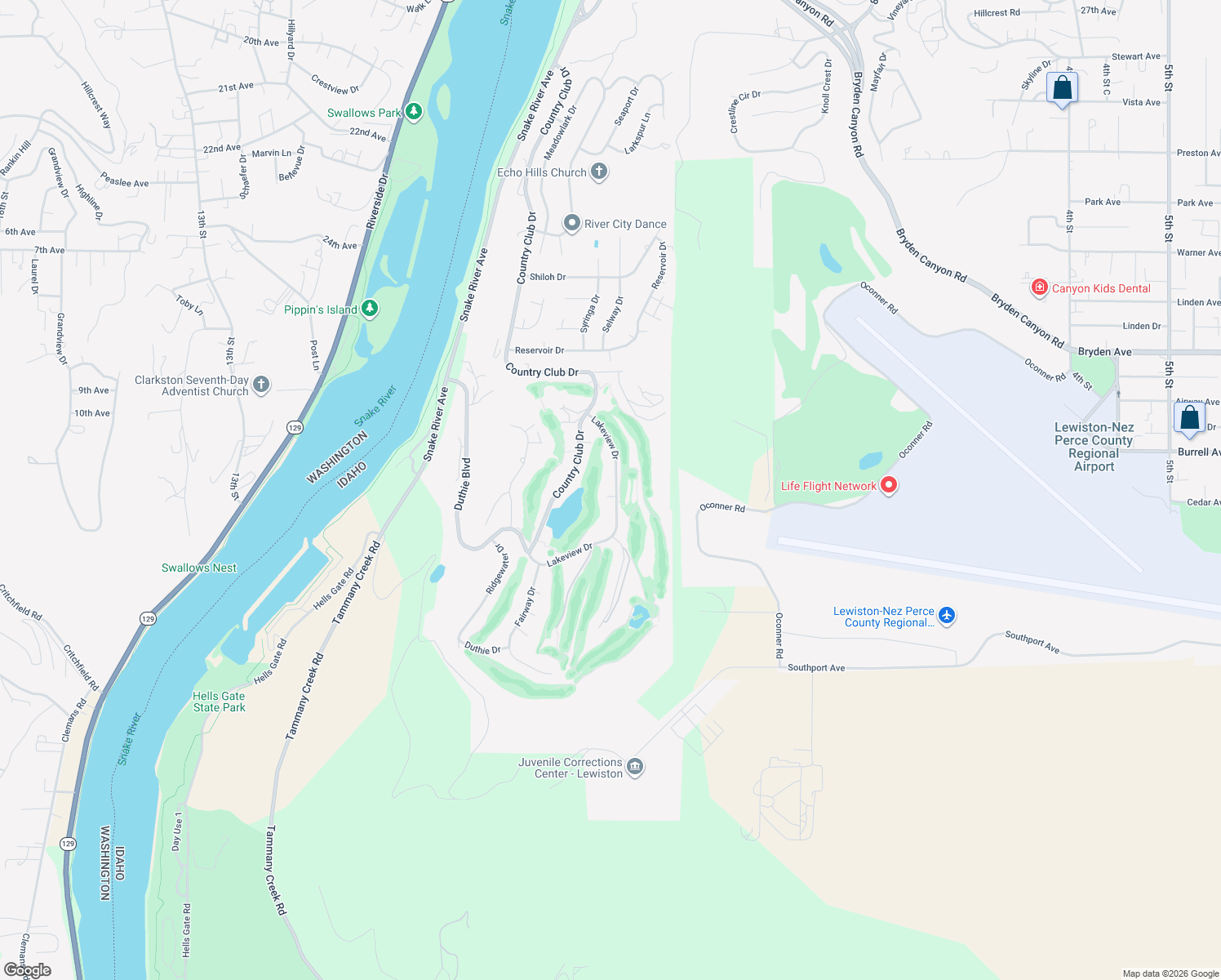 map of restaurants, bars, coffee shops, grocery stores, and more near 3885 Lakeview Drive in Lewiston
