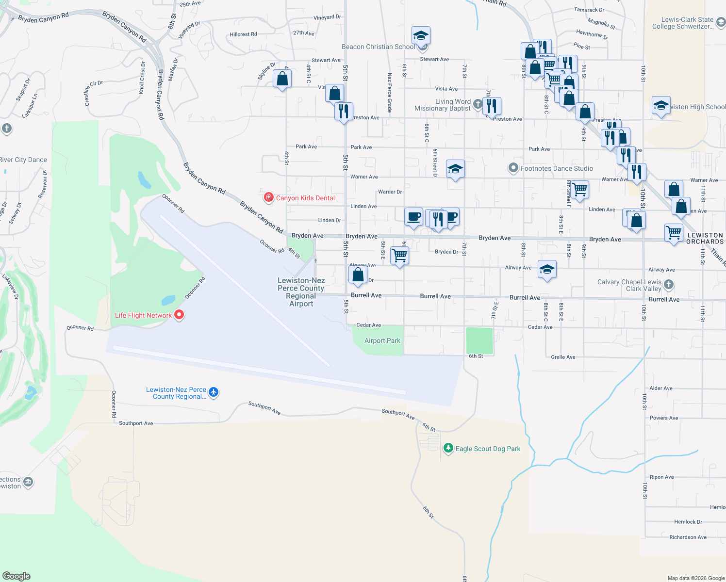 map of restaurants, bars, coffee shops, grocery stores, and more near 511 Burrell Avenue in Lewiston