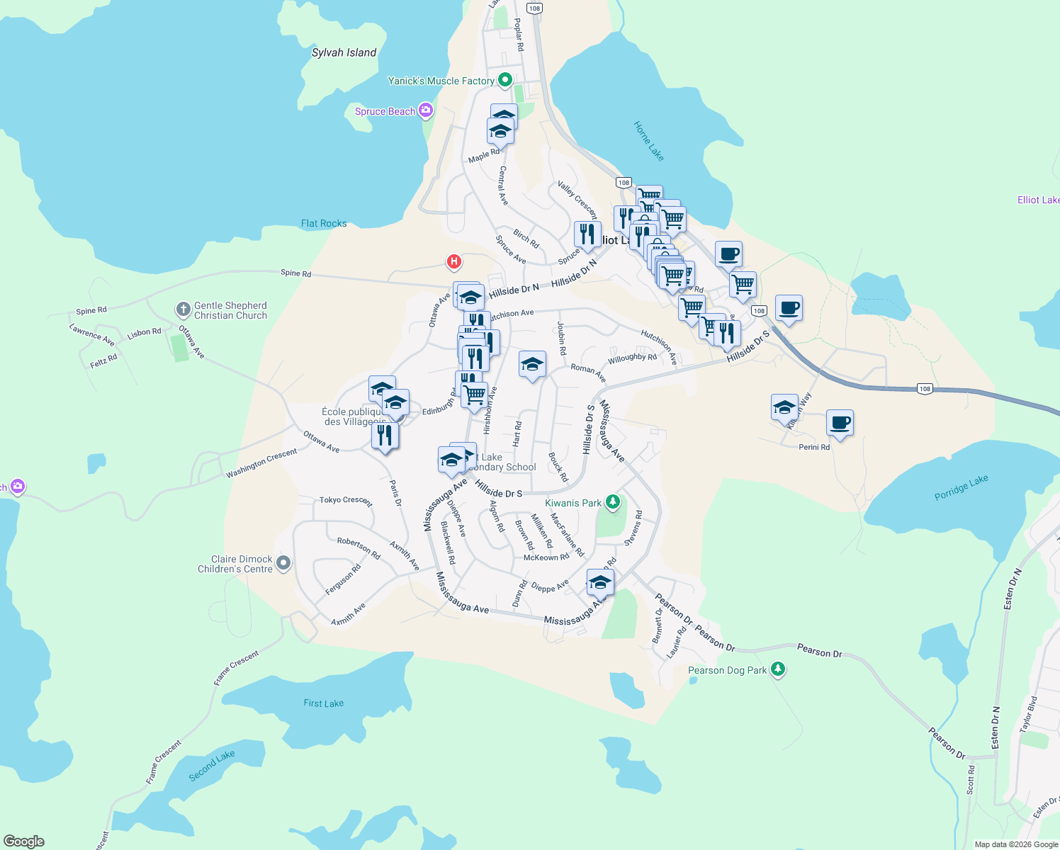 map of restaurants, bars, coffee shops, grocery stores, and more near 64 Roman Avenue in Elliot Lake