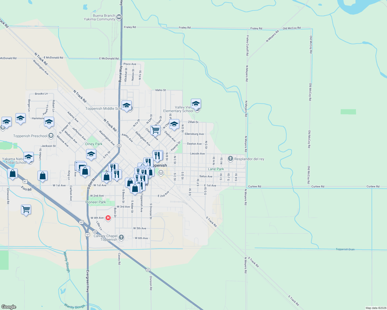 map of restaurants, bars, coffee shops, grocery stores, and more near 36 N E St in Toppenish