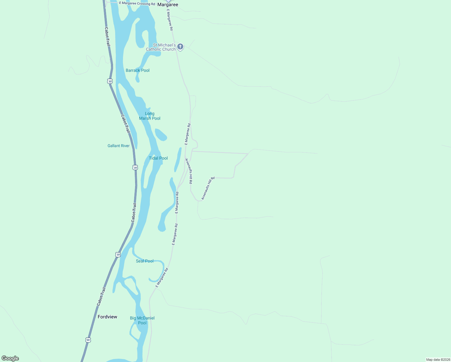 map of restaurants, bars, coffee shops, grocery stores, and more near 192 Arsenaults Hill Road in Margaree Harbour