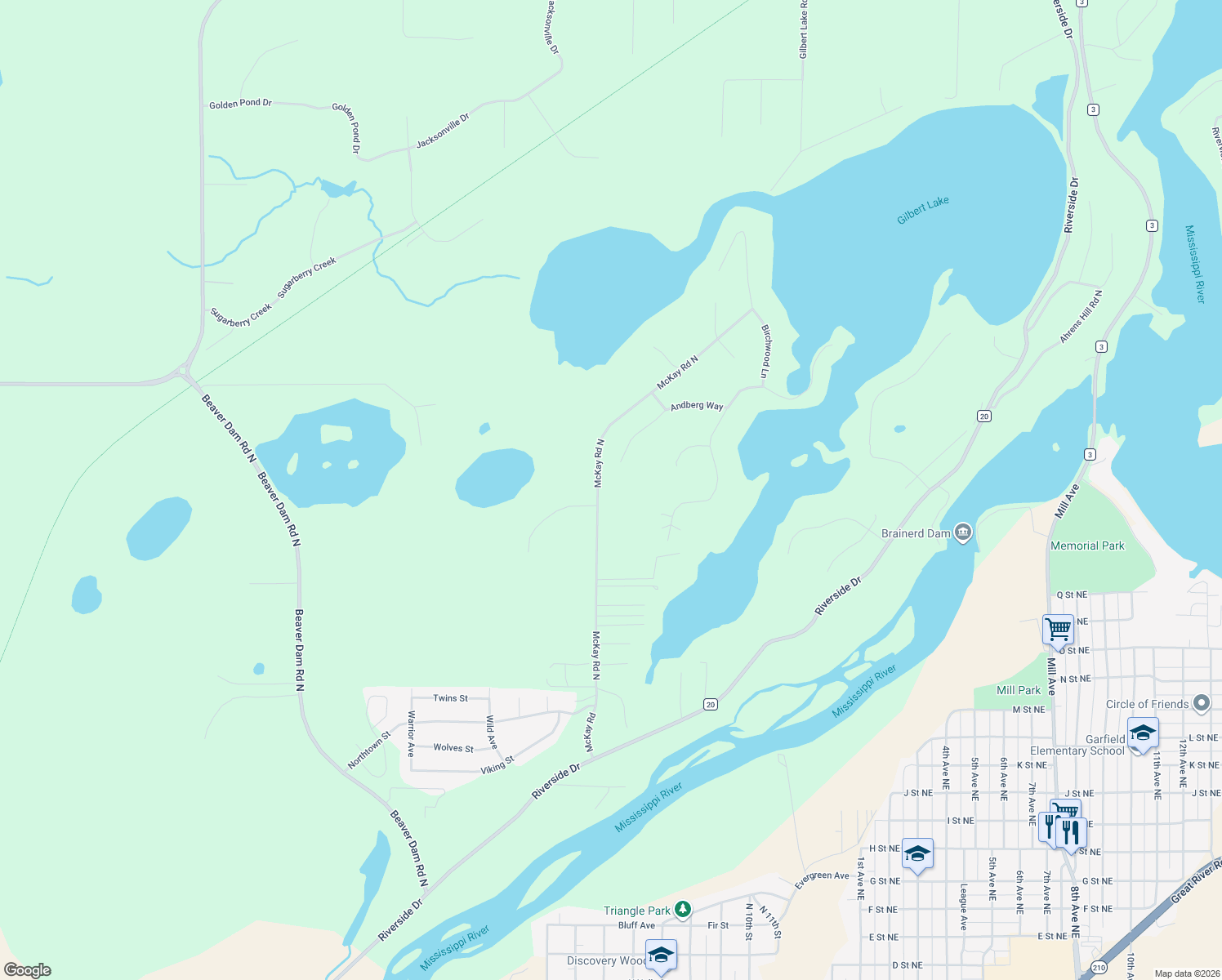 map of restaurants, bars, coffee shops, grocery stores, and more near 15690 McKay Road in Brainerd