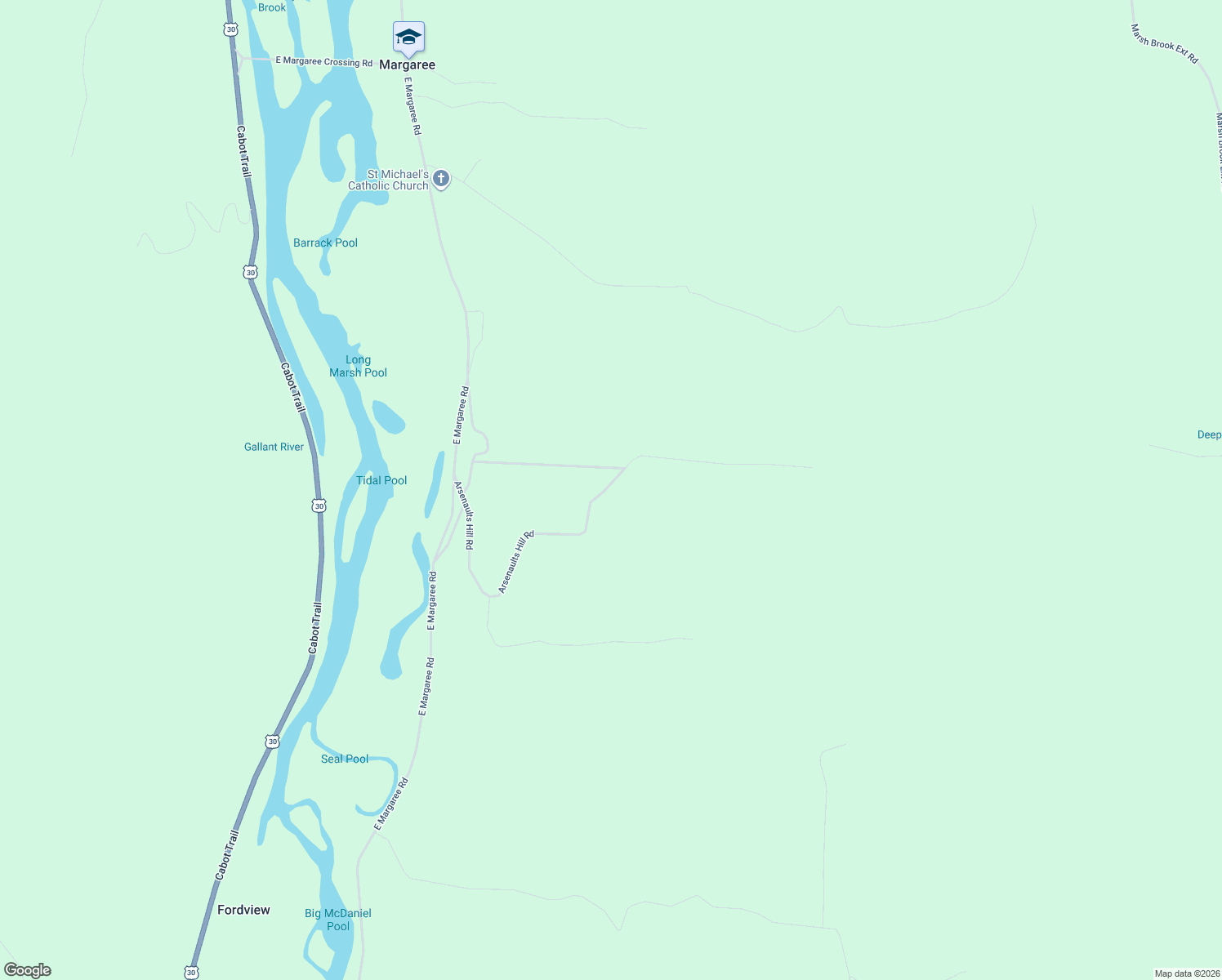 map of restaurants, bars, coffee shops, grocery stores, and more near 230 Arsenaults Hill Road in Margaree Centre