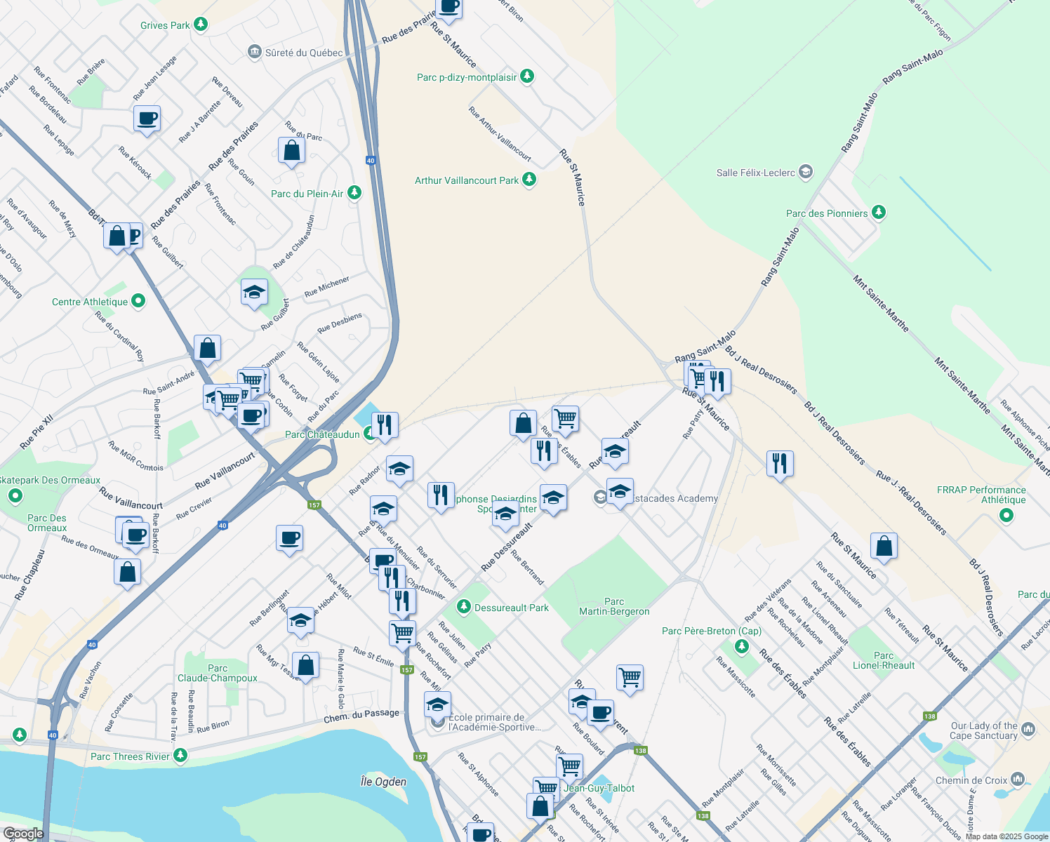 map of restaurants, bars, coffee shops, grocery stores, and more near 908 Rue Houssart in Trois-Rivières