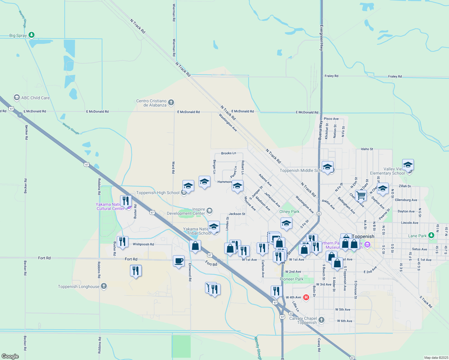 map of restaurants, bars, coffee shops, grocery stores, and more near 1404 Hammond Ln in Toppenish