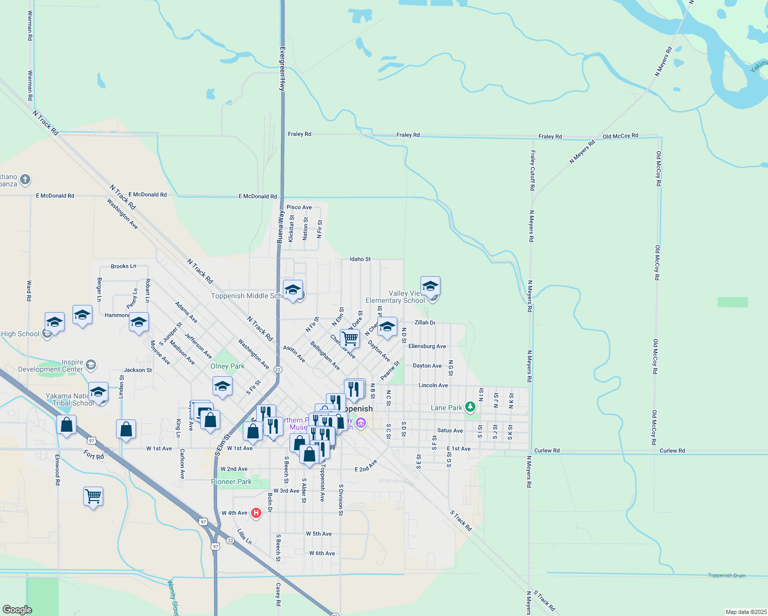 map of restaurants, bars, coffee shops, grocery stores, and more near 410 N Chestnut St in Toppenish