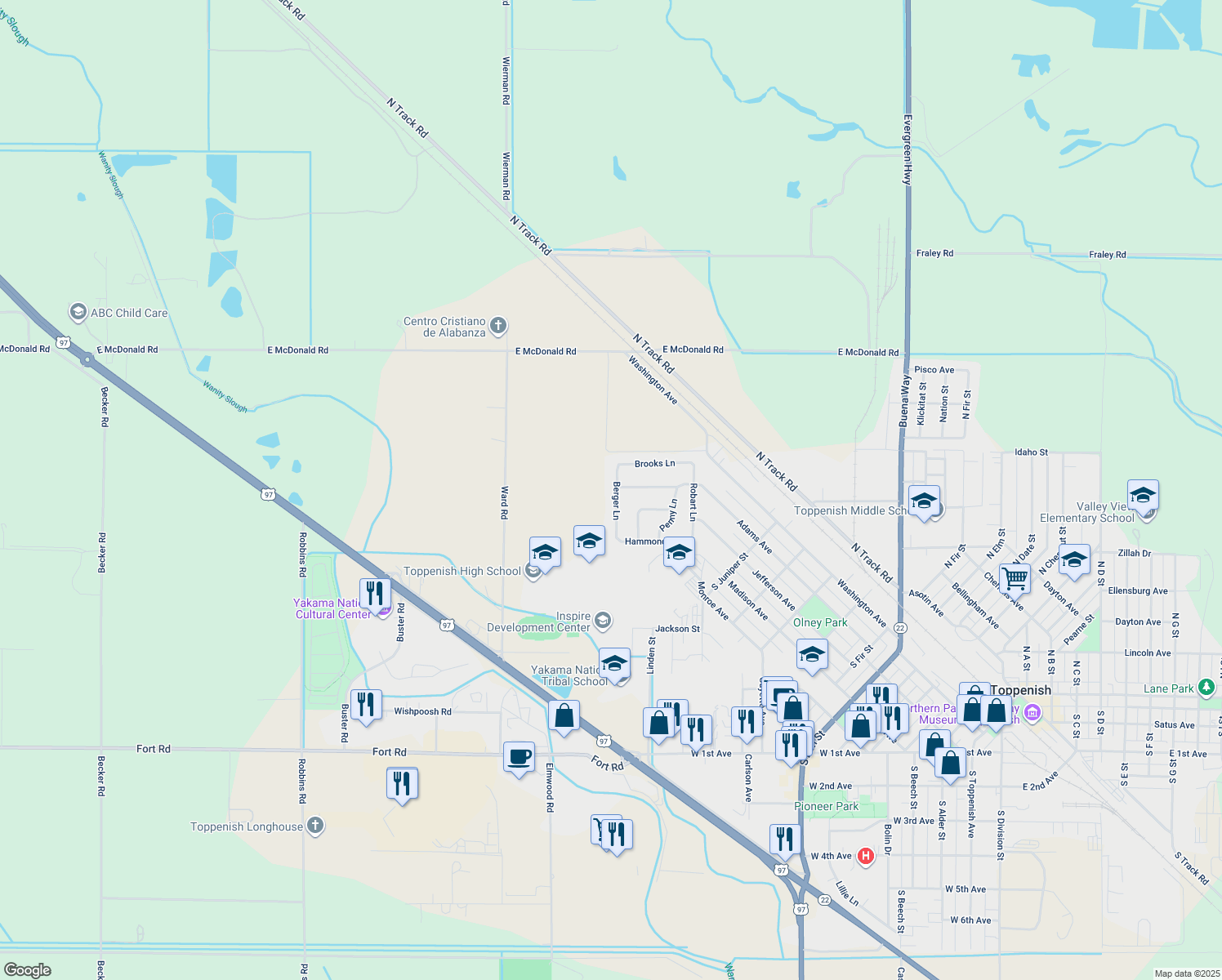 map of restaurants, bars, coffee shops, grocery stores, and more near 207 Berger Ln in Toppenish