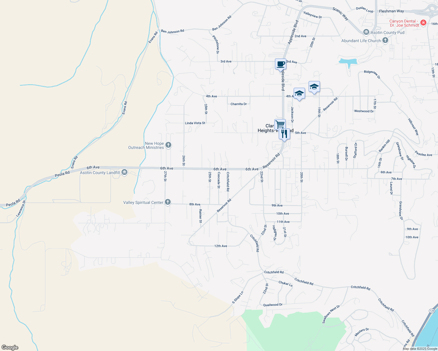 map of restaurants, bars, coffee shops, grocery stores, and more near 2615 Cascade Street in Clarkston