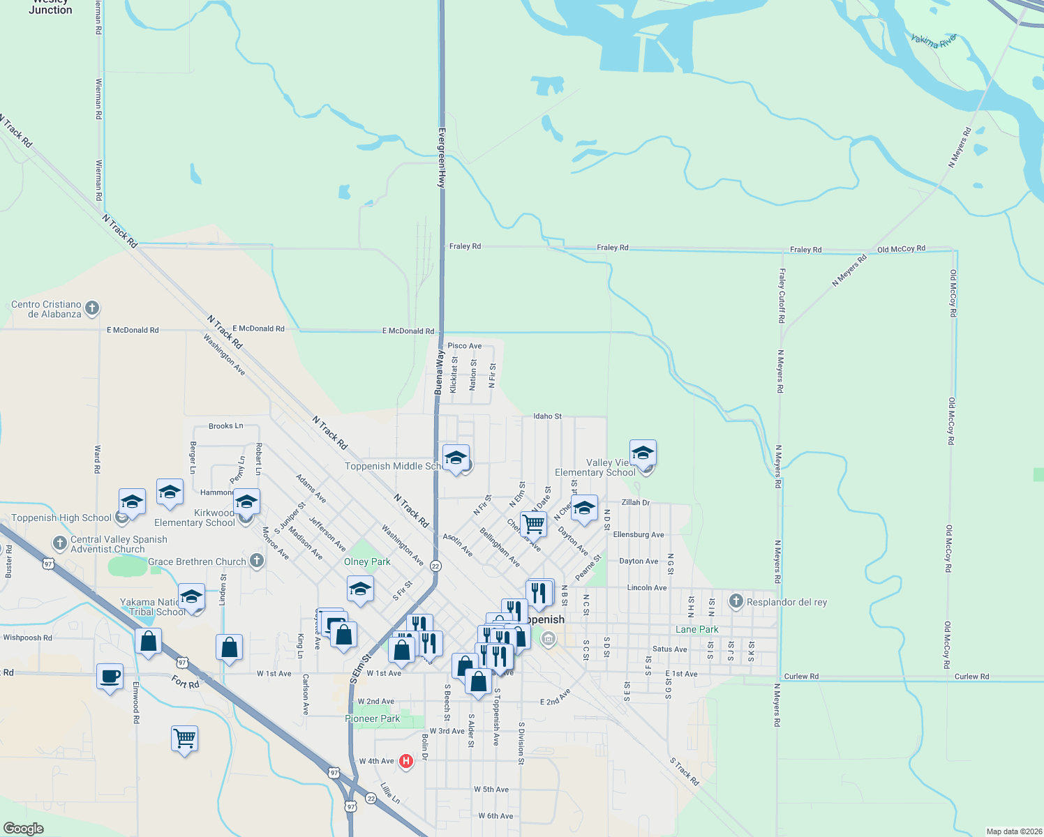 map of restaurants, bars, coffee shops, grocery stores, and more near Idaho St in Toppenish