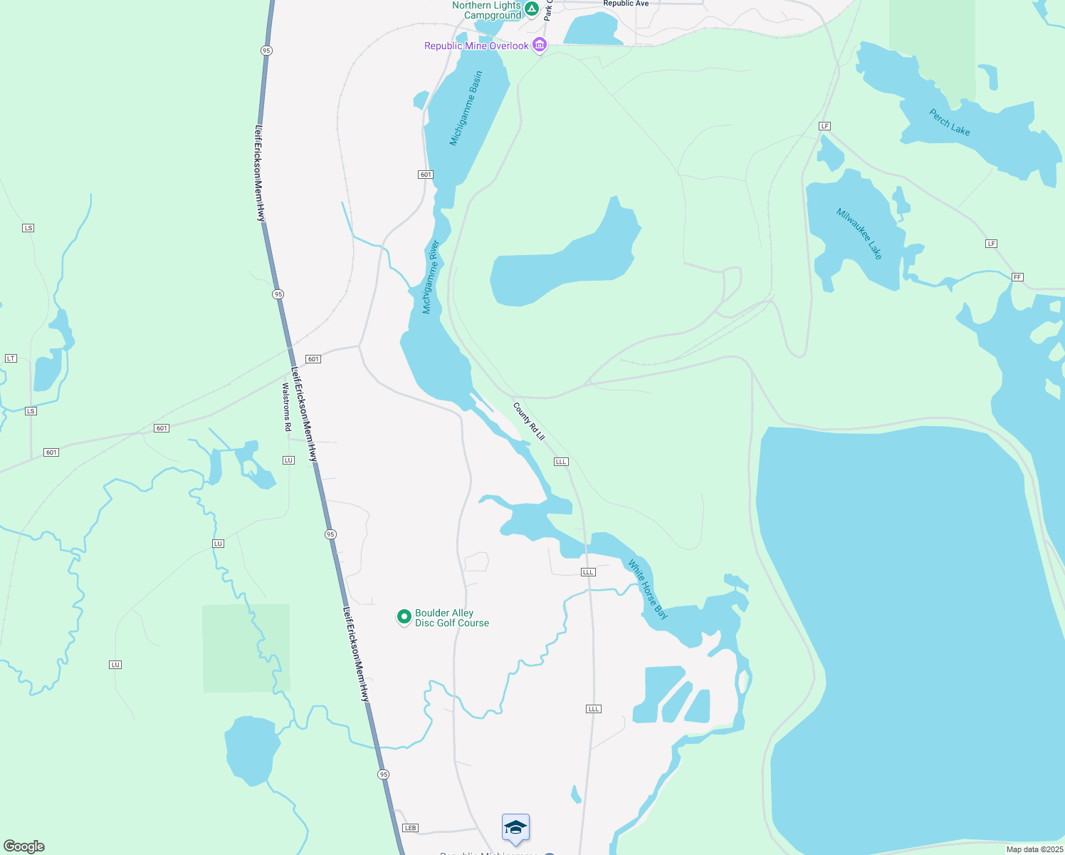 map of restaurants, bars, coffee shops, grocery stores, and more near County Road Lll in Marquette County