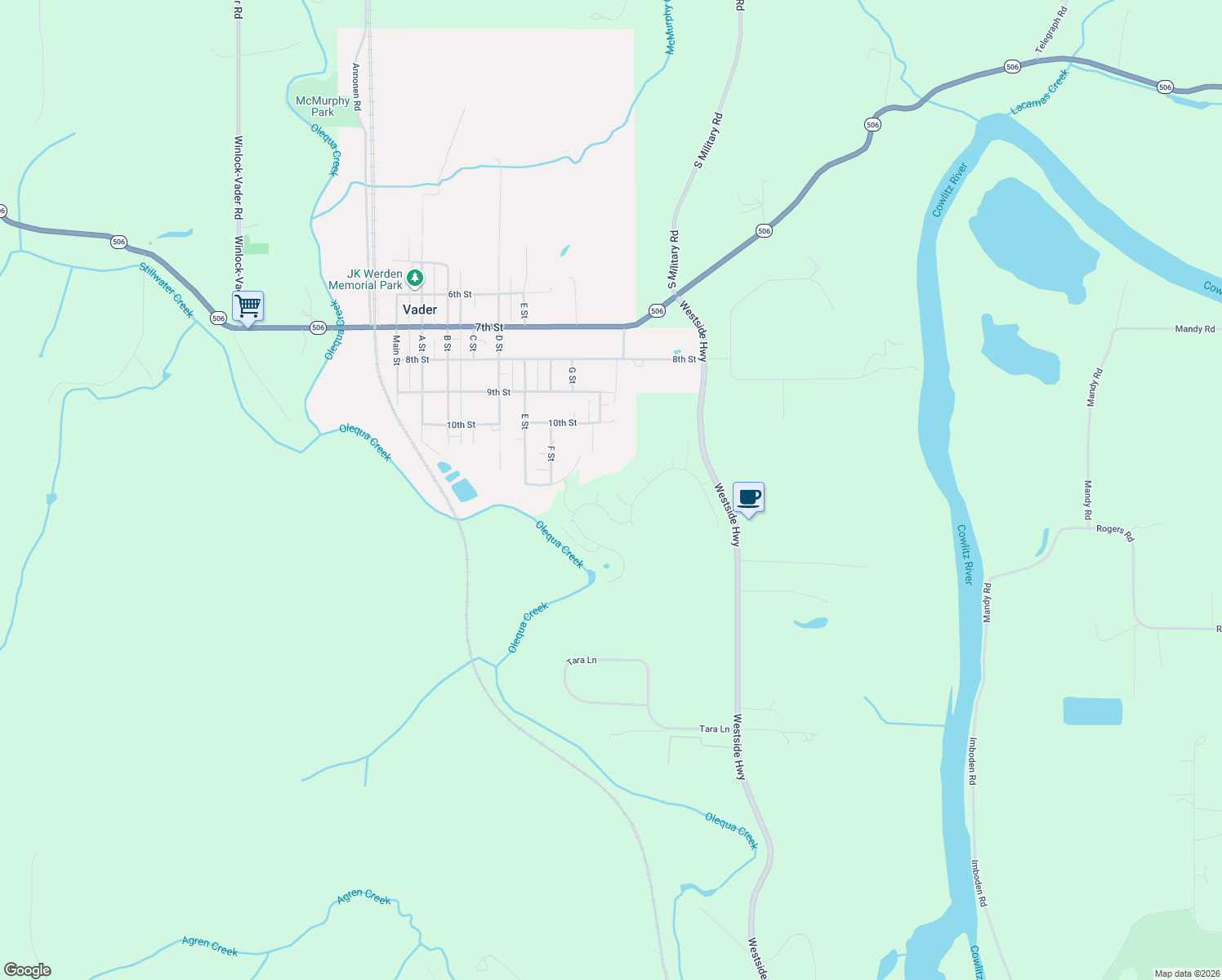 map of restaurants, bars, coffee shops, grocery stores, and more near 112 Spring Court in Vader