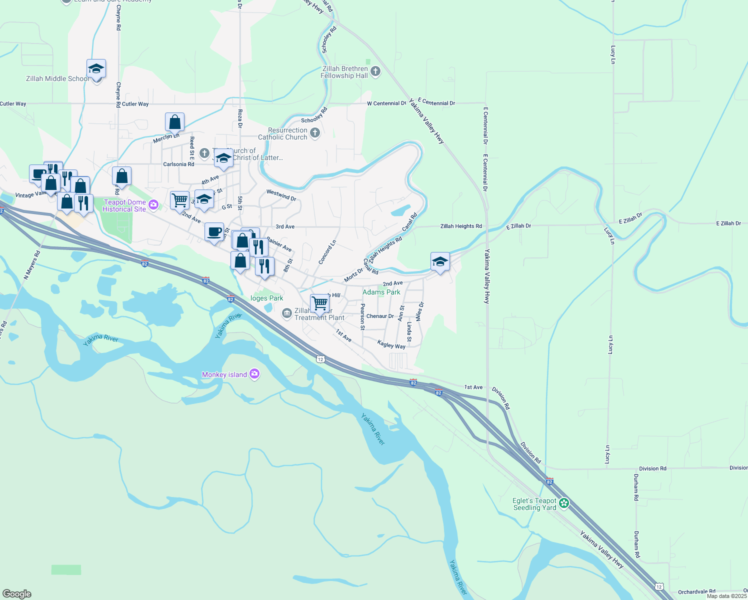 map of restaurants, bars, coffee shops, grocery stores, and more near 212 Adams Park Dr in Zillah