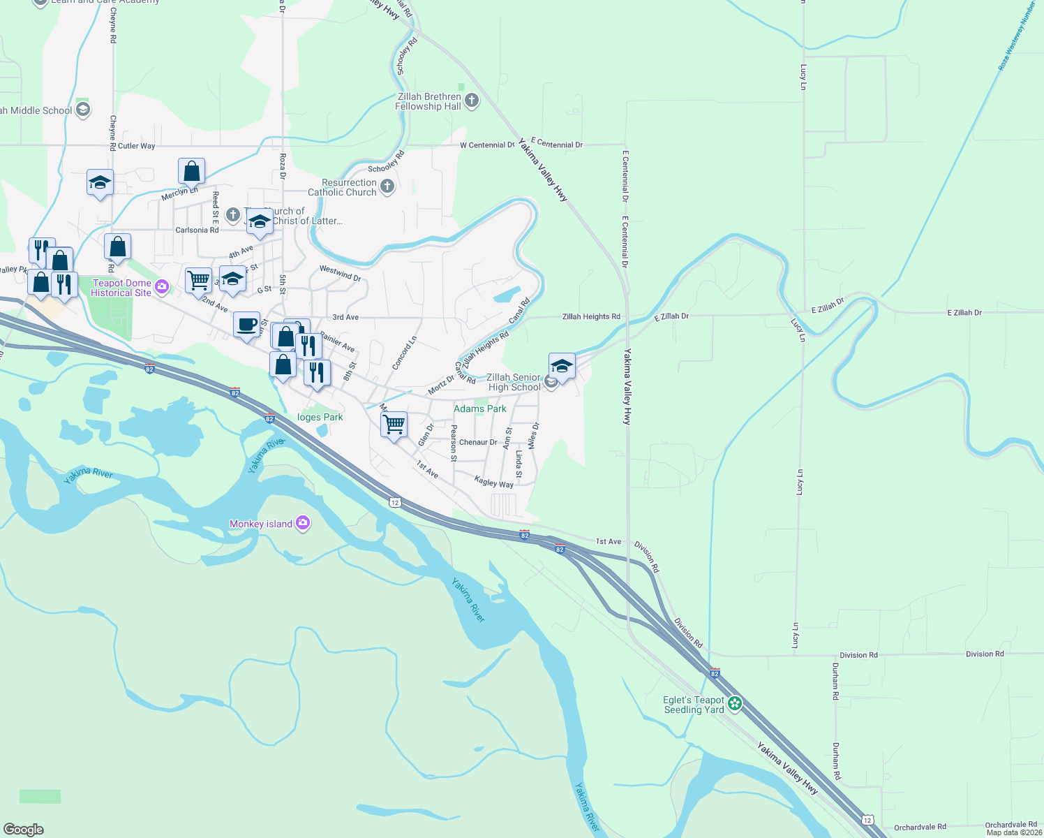 map of restaurants, bars, coffee shops, grocery stores, and more near 1505 Walnut St in Zillah
