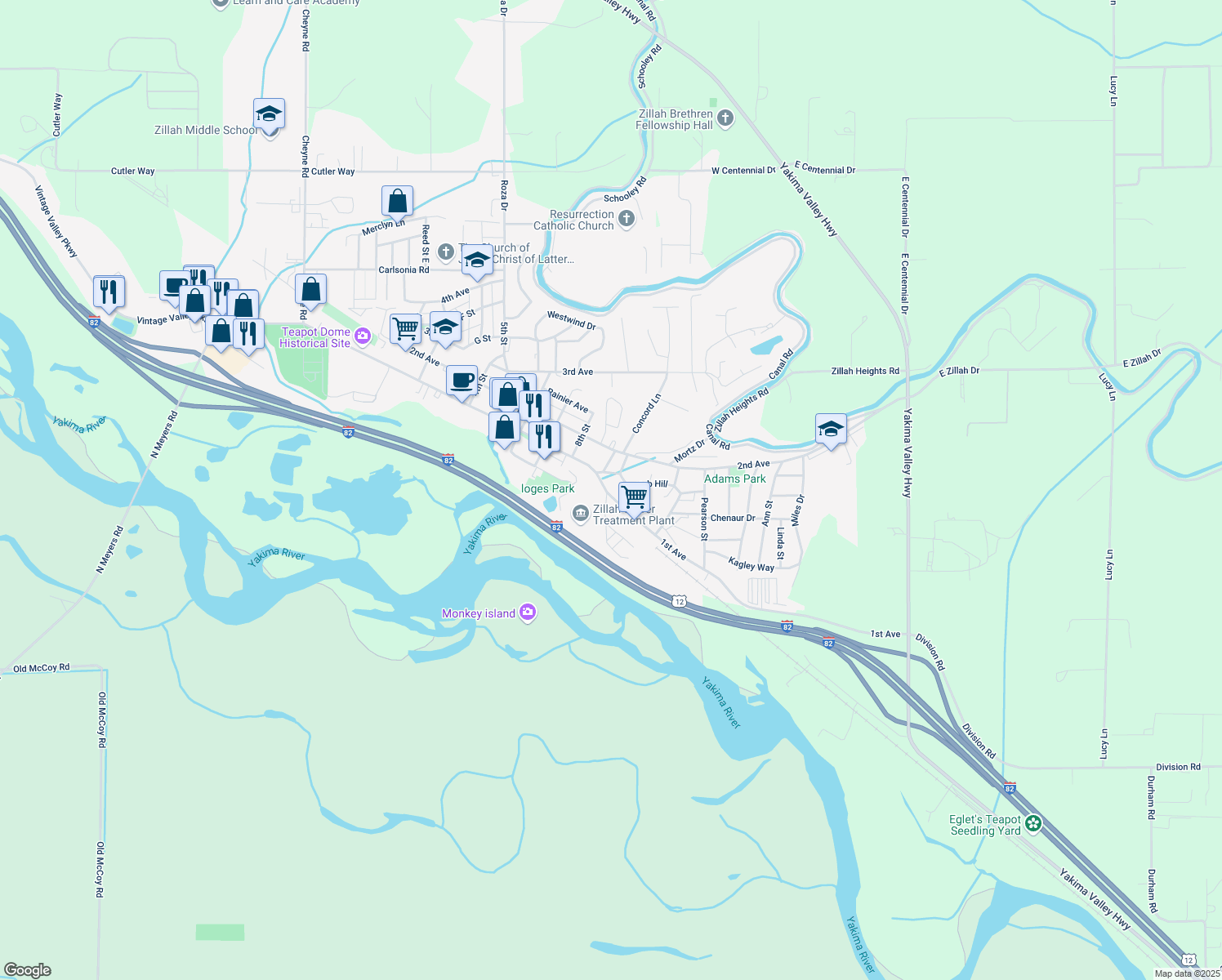 map of restaurants, bars, coffee shops, grocery stores, and more near 905 1st Ave in Zillah