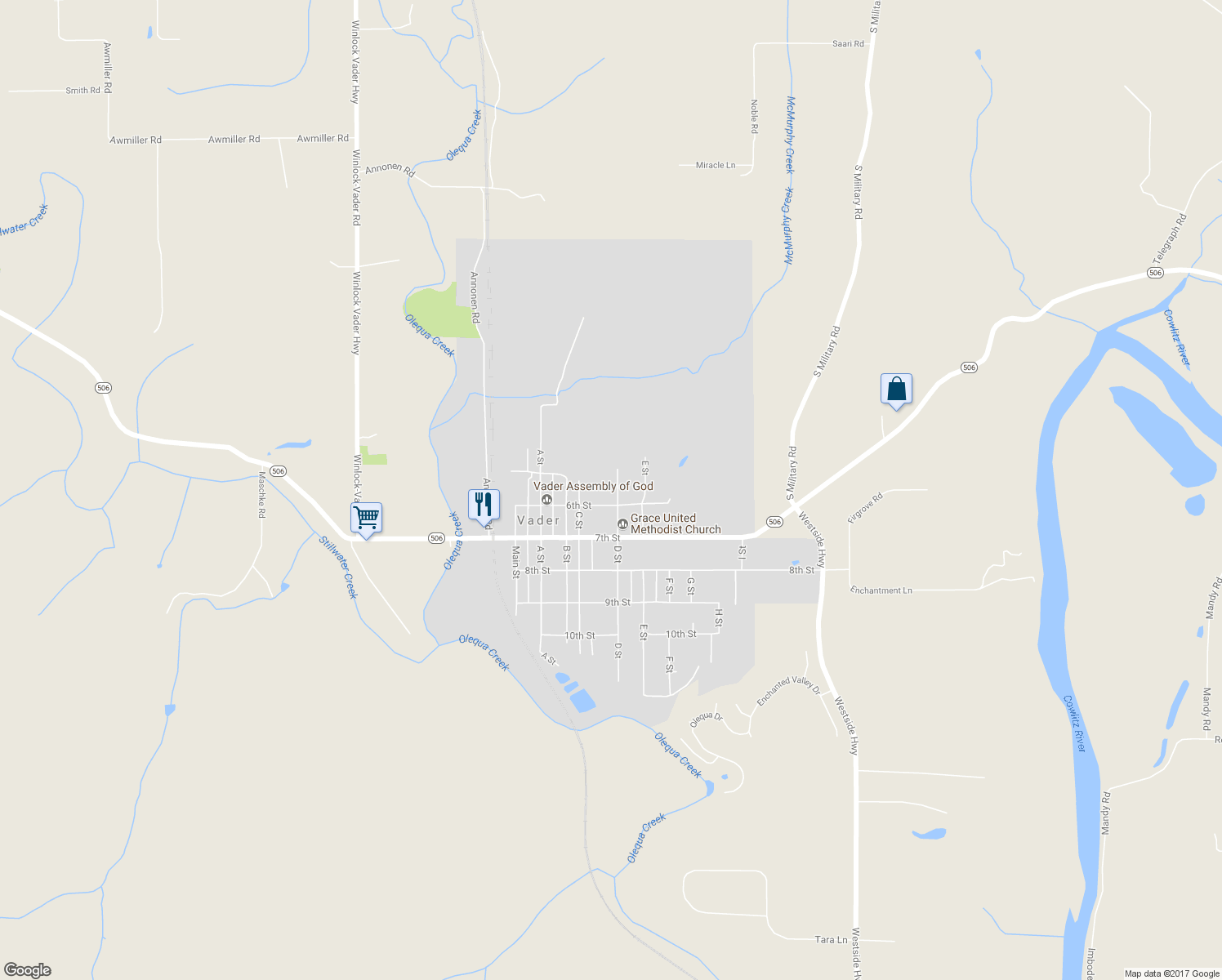 map of restaurants, bars, coffee shops, grocery stores, and more near 516 D Street in Vader