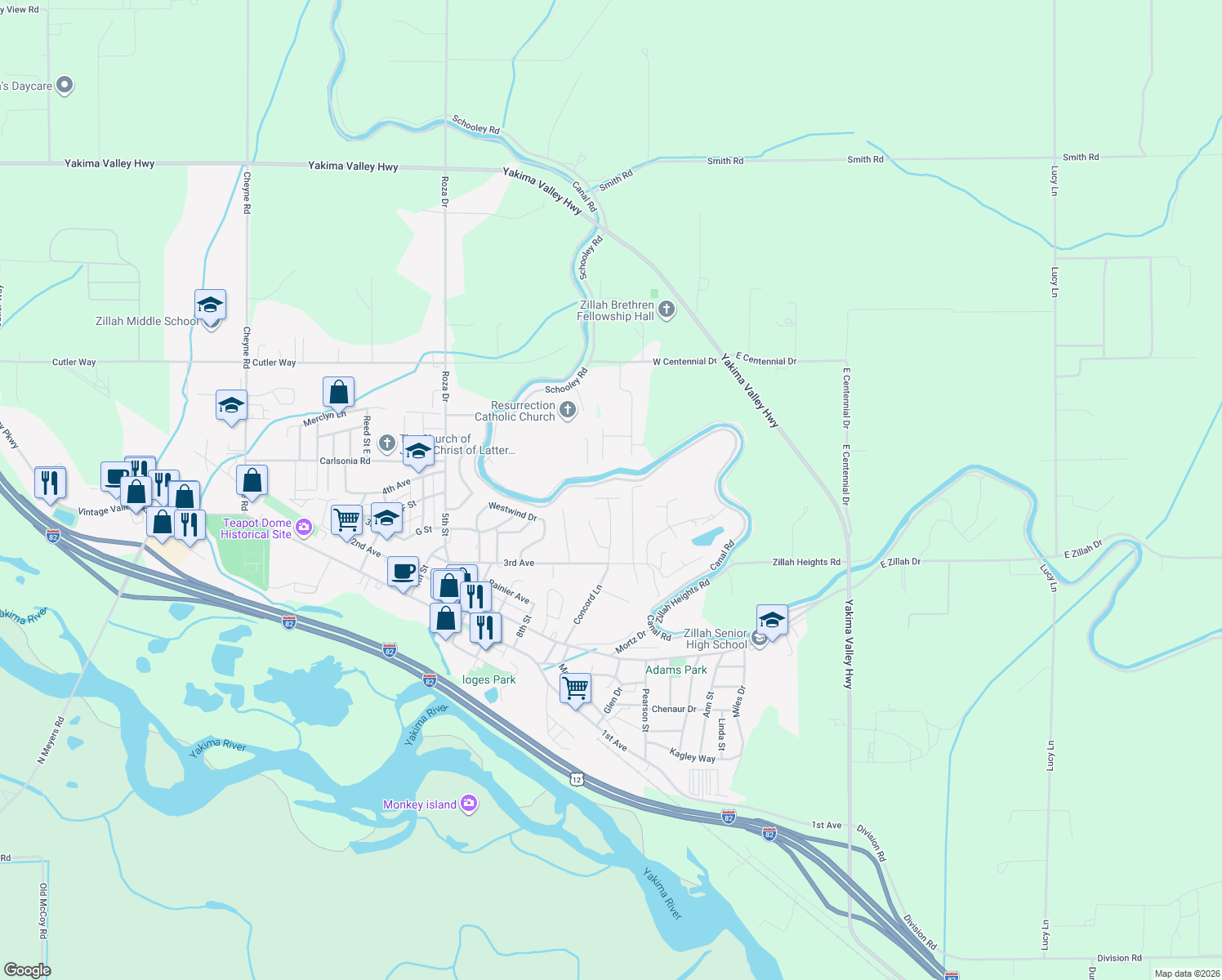 map of restaurants, bars, coffee shops, grocery stores, and more near 1001 Ellen Ln in Zillah