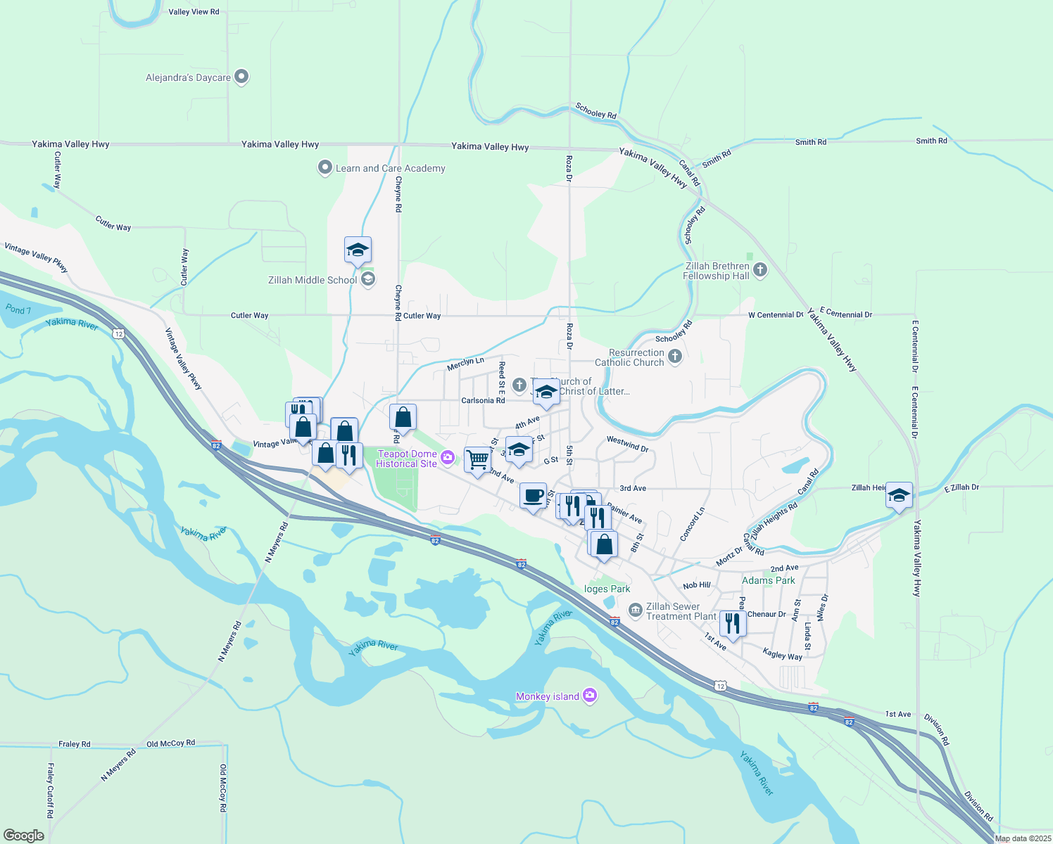 map of restaurants, bars, coffee shops, grocery stores, and more near 4th Ave in Zillah
