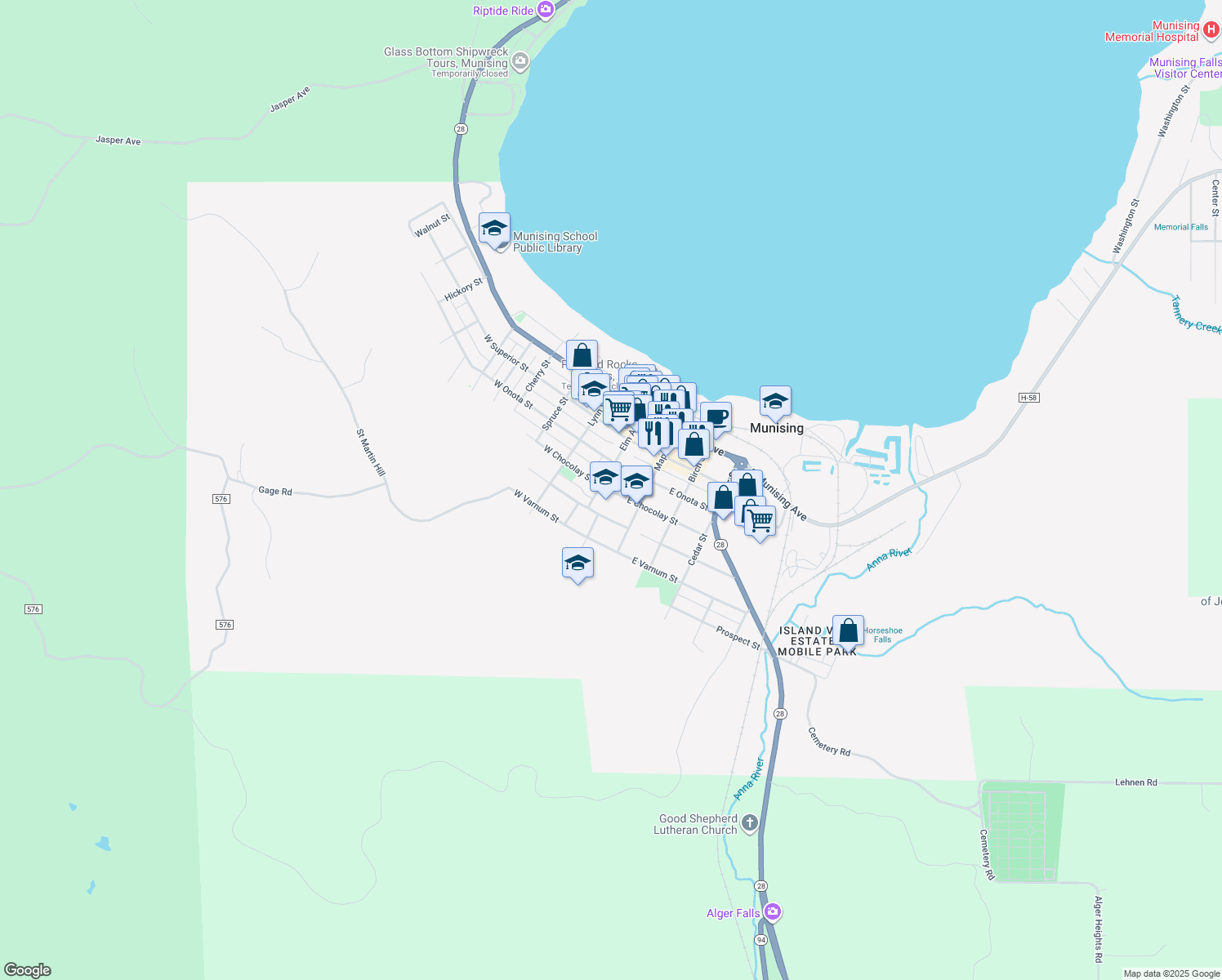 map of restaurants, bars, coffee shops, grocery stores, and more near 124 E Chocolay St in Munising