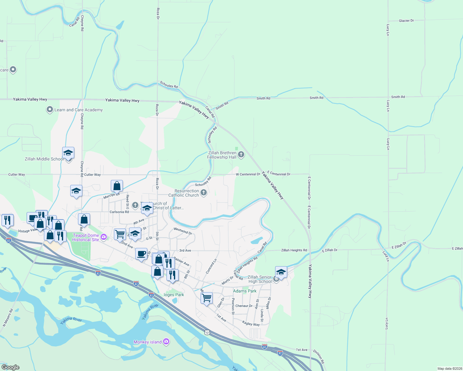 map of restaurants, bars, coffee shops, grocery stores, and more near 91 Alteejen Rd in Zillah