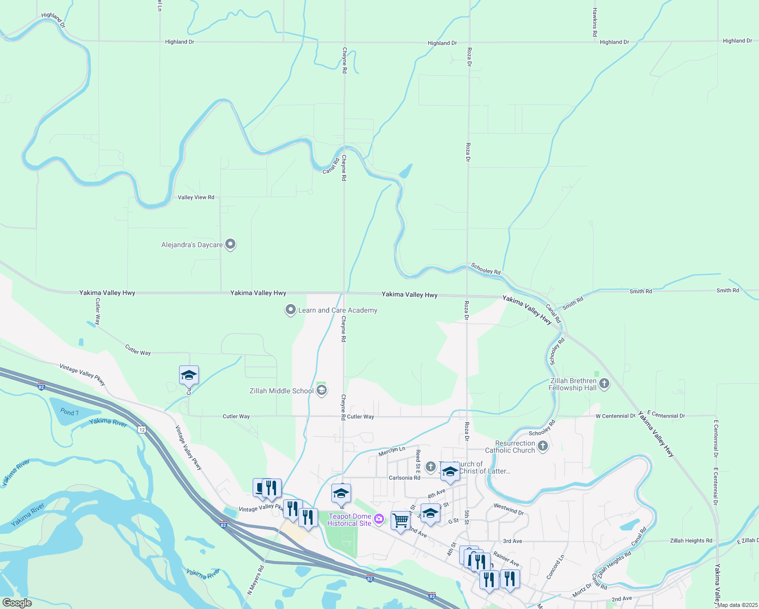 map of restaurants, bars, coffee shops, grocery stores, and more near 11530 Yakima Valley Highway in Zillah
