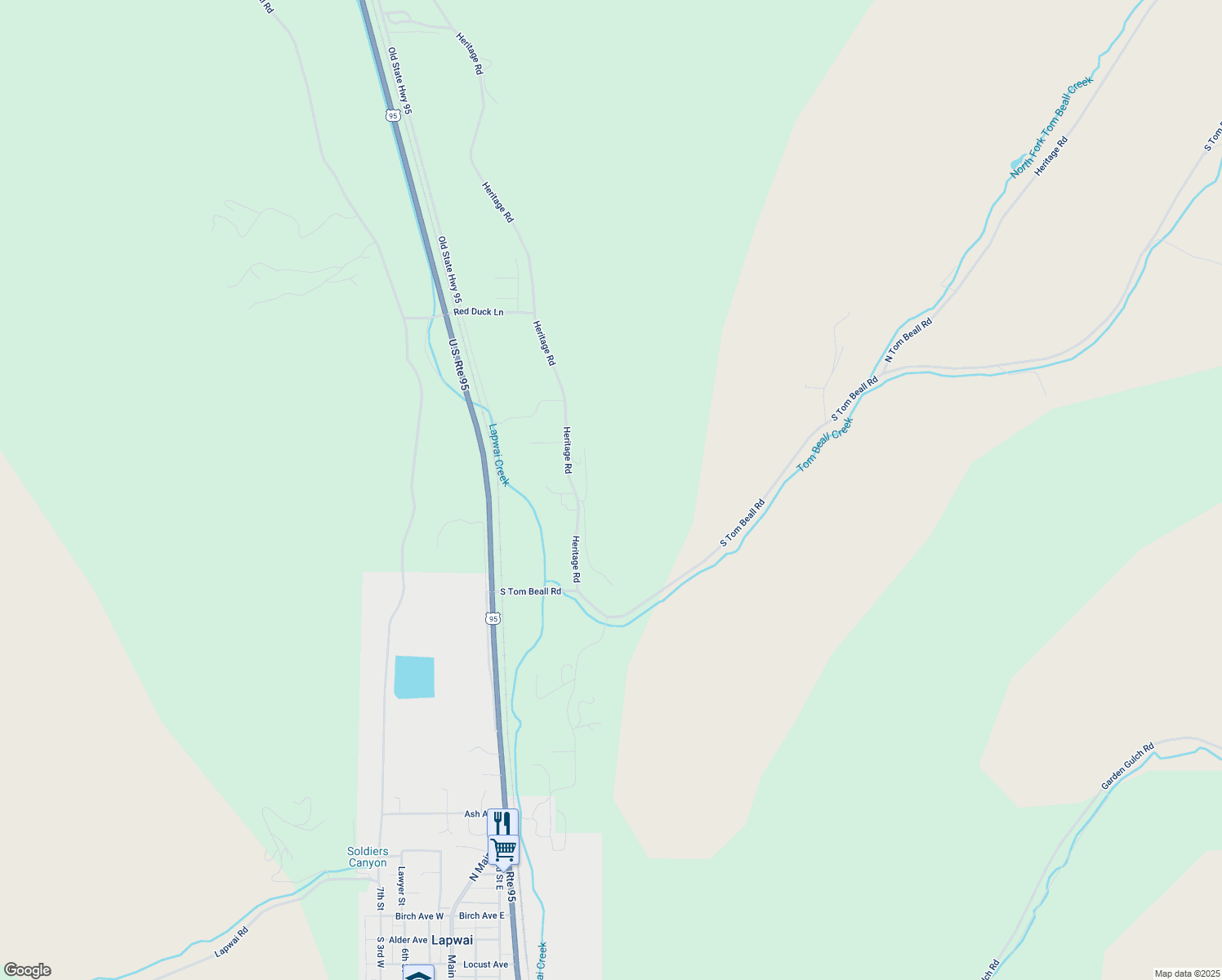 map of restaurants, bars, coffee shops, grocery stores, and more near 25557 Heritage Road in Lapwai