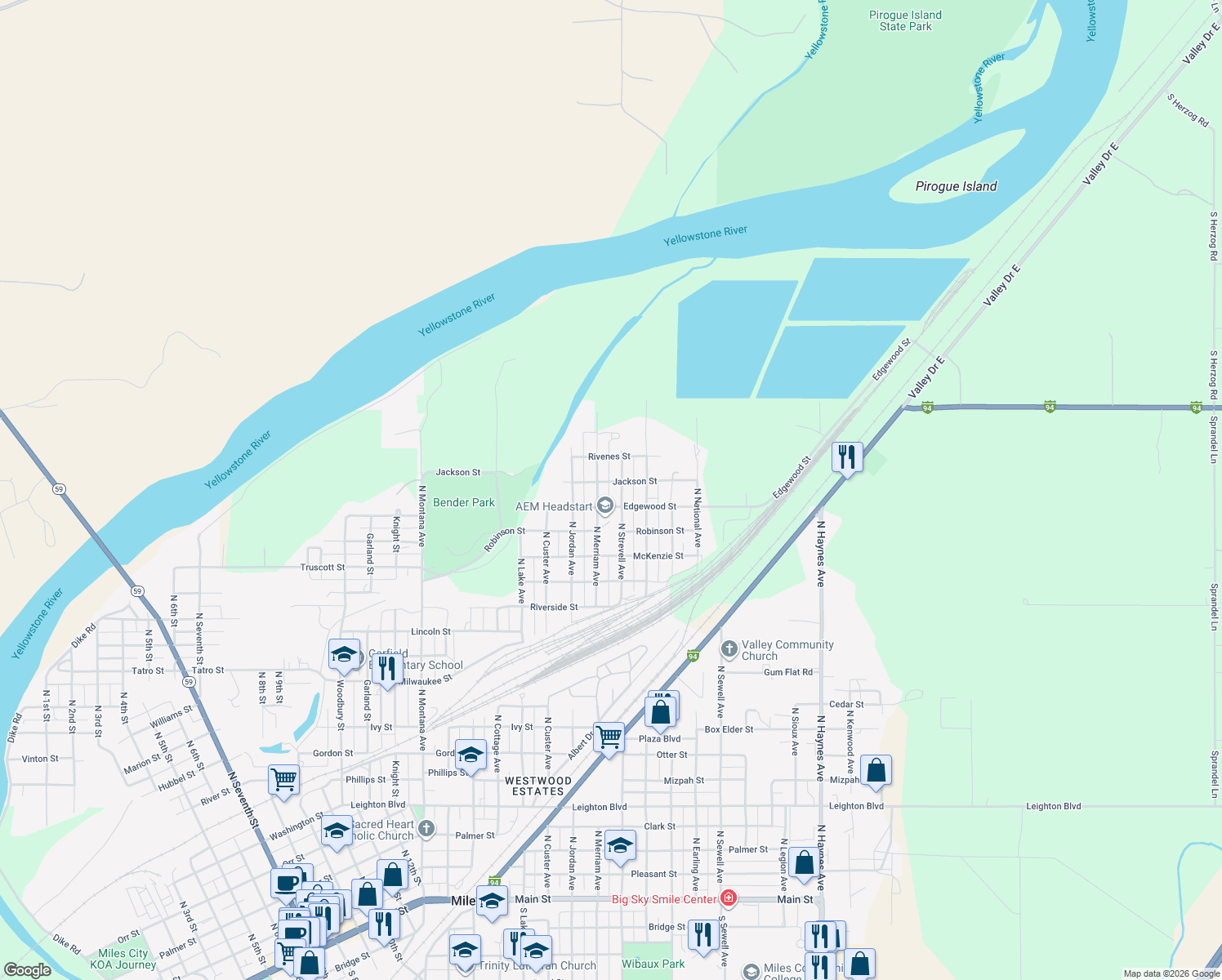 map of restaurants, bars, coffee shops, grocery stores, and more near 2114 Jackson St in Miles City