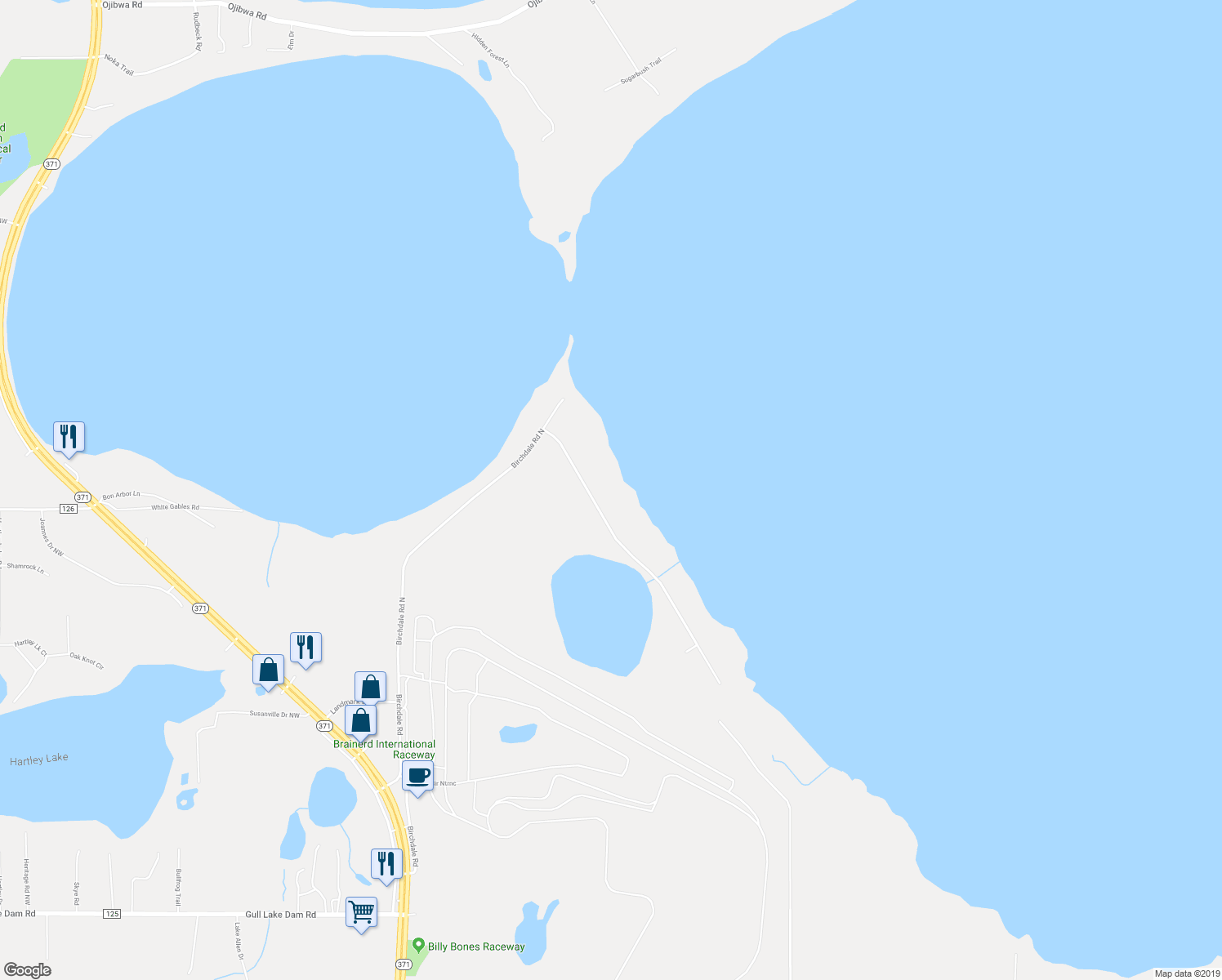 map of restaurants, bars, coffee shops, grocery stores, and more near 6022 Birchdale Road in Brainerd