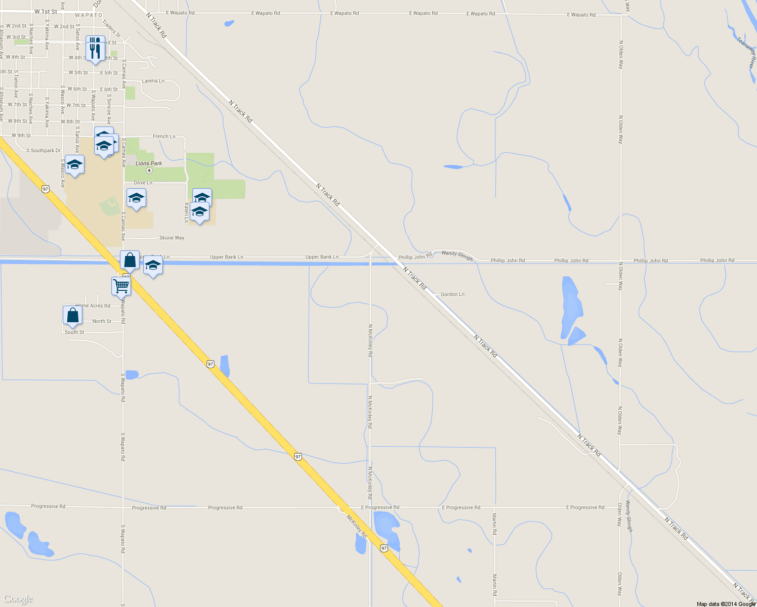 map of restaurants, bars, coffee shops, grocery stores, and more near 861 N McKinley Rd in Wapato