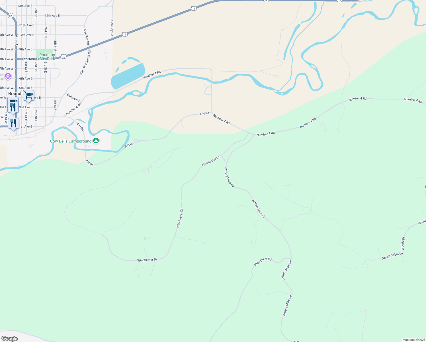 map of restaurants, bars, coffee shops, grocery stores, and more near Unnamed Road in Roundup