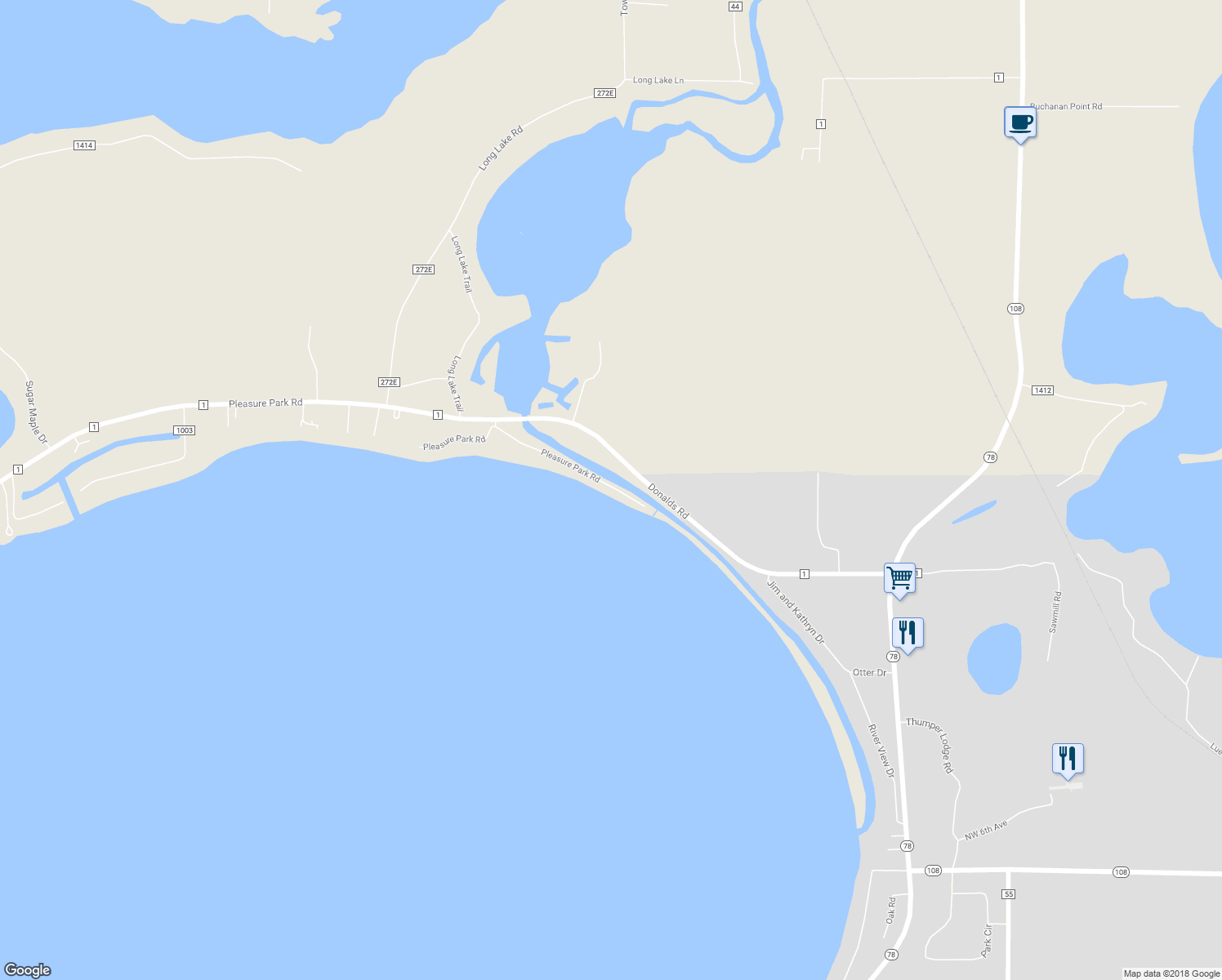 map of restaurants, bars, coffee shops, grocery stores, and more near 43109 Pleasure Park Road in Ottertail