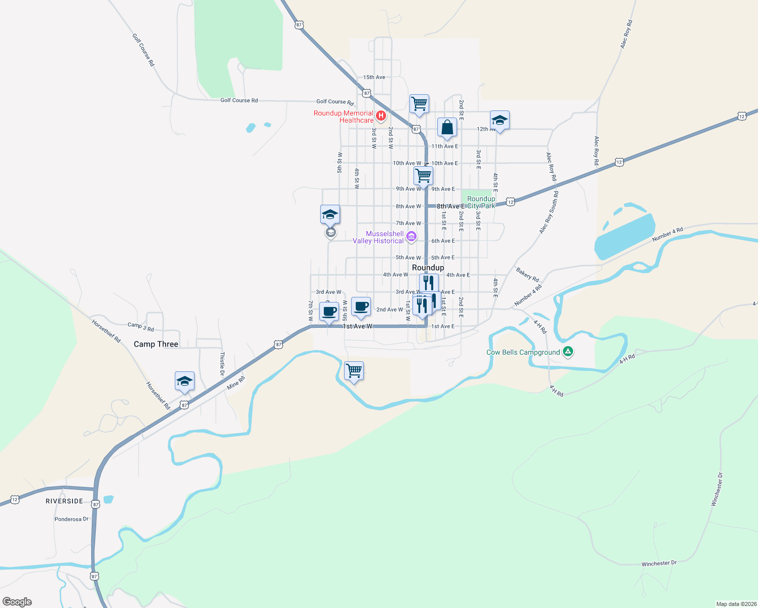 map of restaurants, bars, coffee shops, grocery stores, and more near 224 2nd Avenue West in Roundup