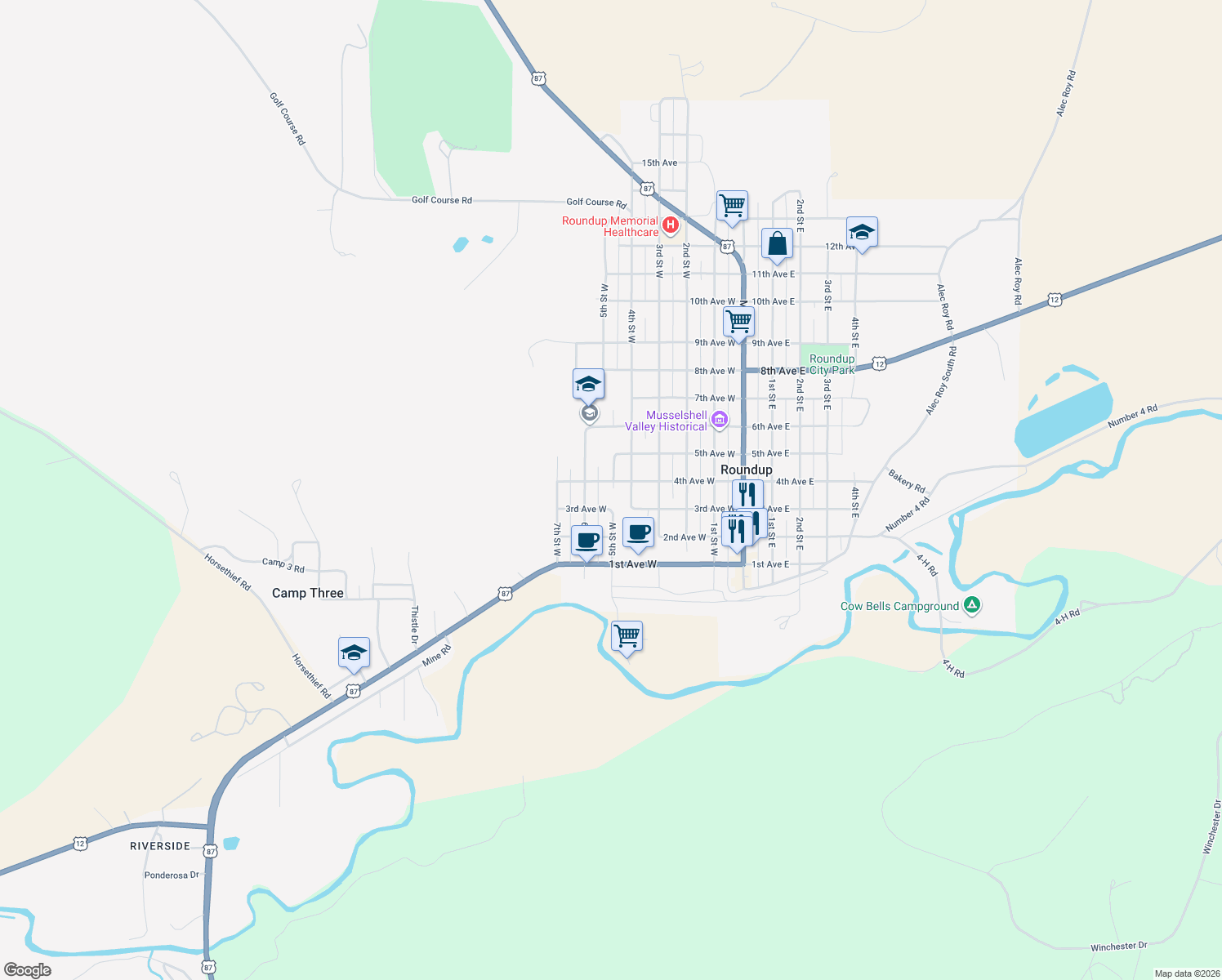 map of restaurants, bars, coffee shops, grocery stores, and more near 313 5th St W in Roundup