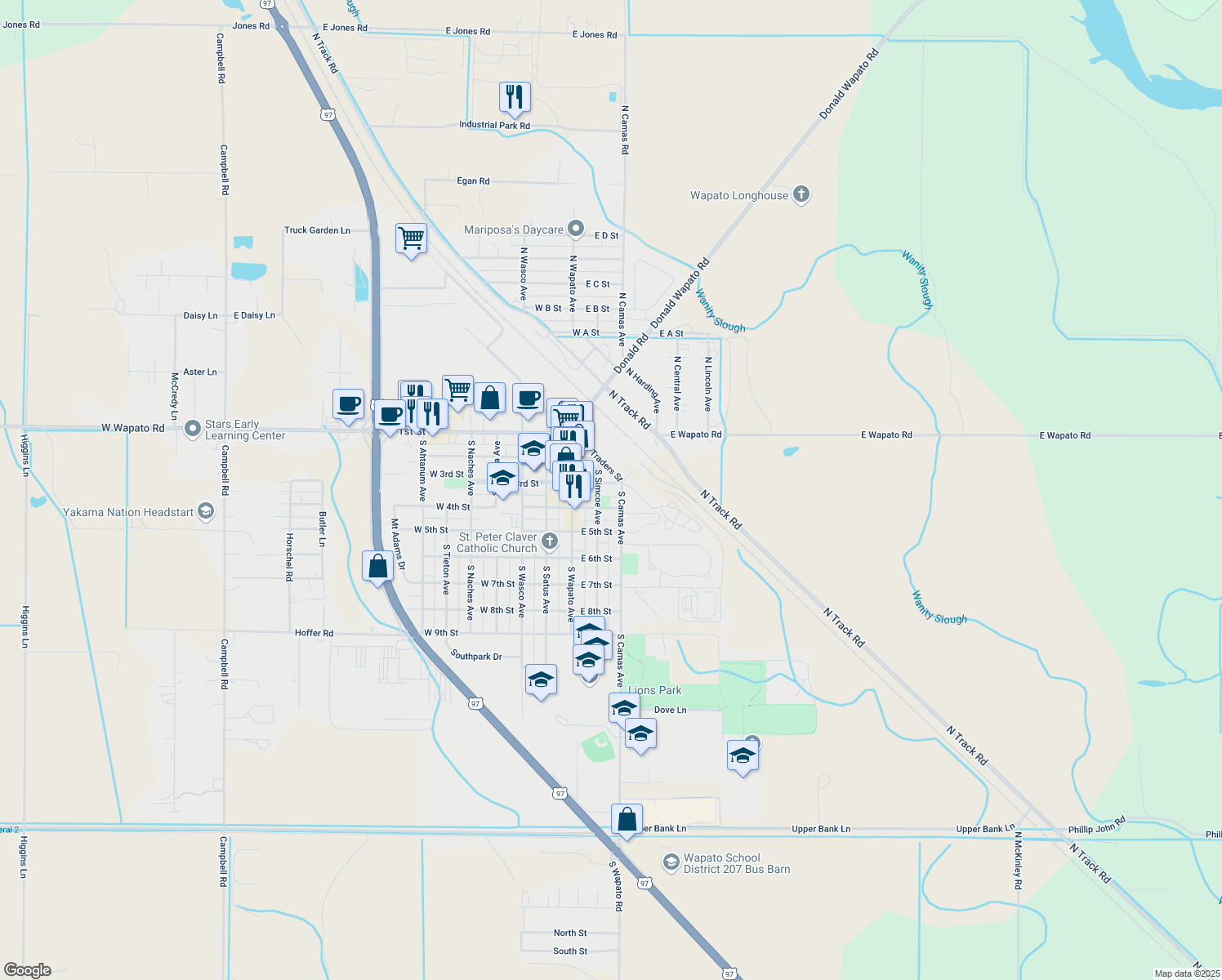map of restaurants, bars, coffee shops, grocery stores, and more near 209 E 3rd St in Wapato