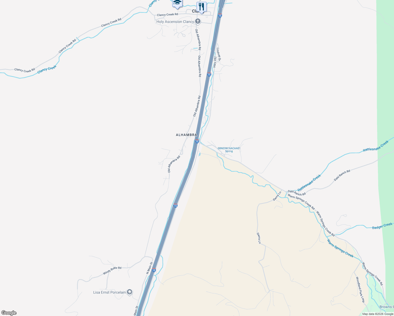 map of restaurants, bars, coffee shops, grocery stores, and more near 470 Highway 282 in Clancy