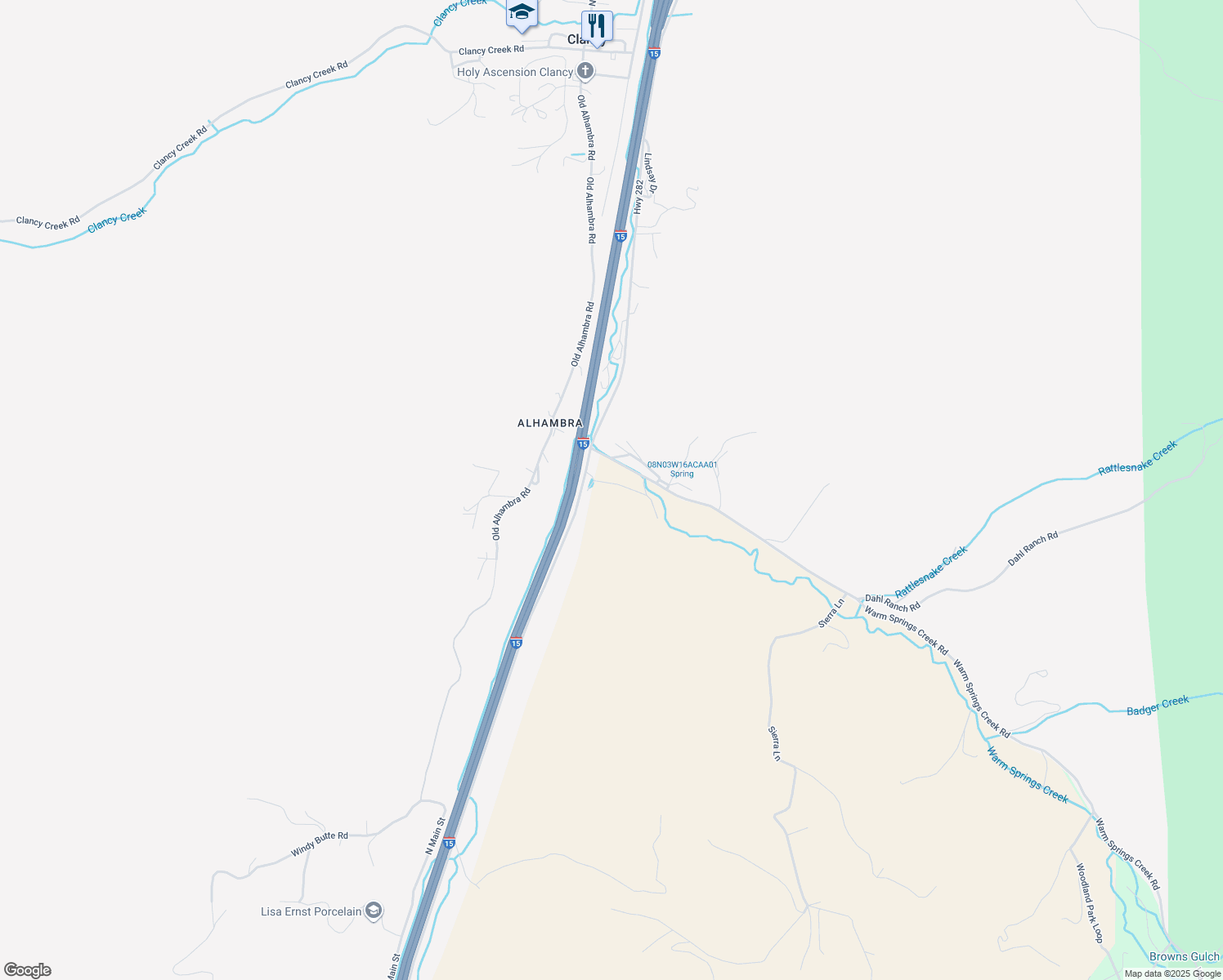 map of restaurants, bars, coffee shops, grocery stores, and more near 474 Highway 282 in Clancy