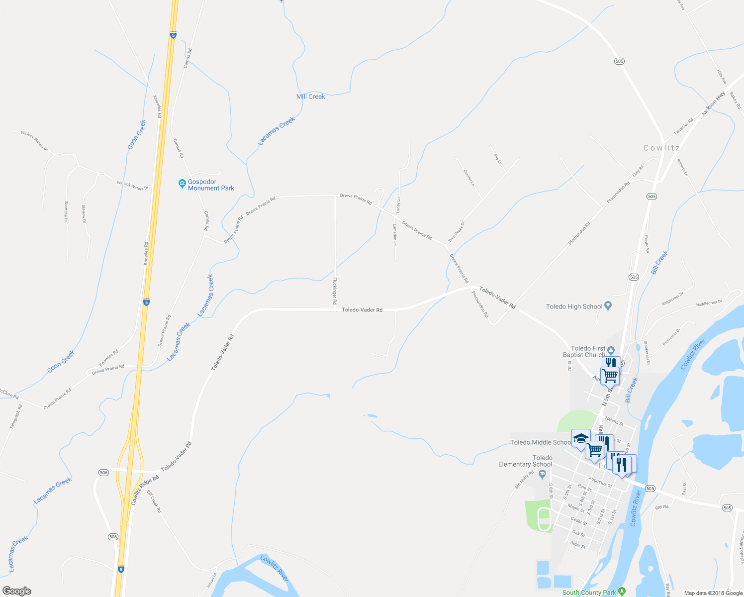 map of restaurants, bars, coffee shops, grocery stores, and more near 365 Toledo-Vader Road in Toledo