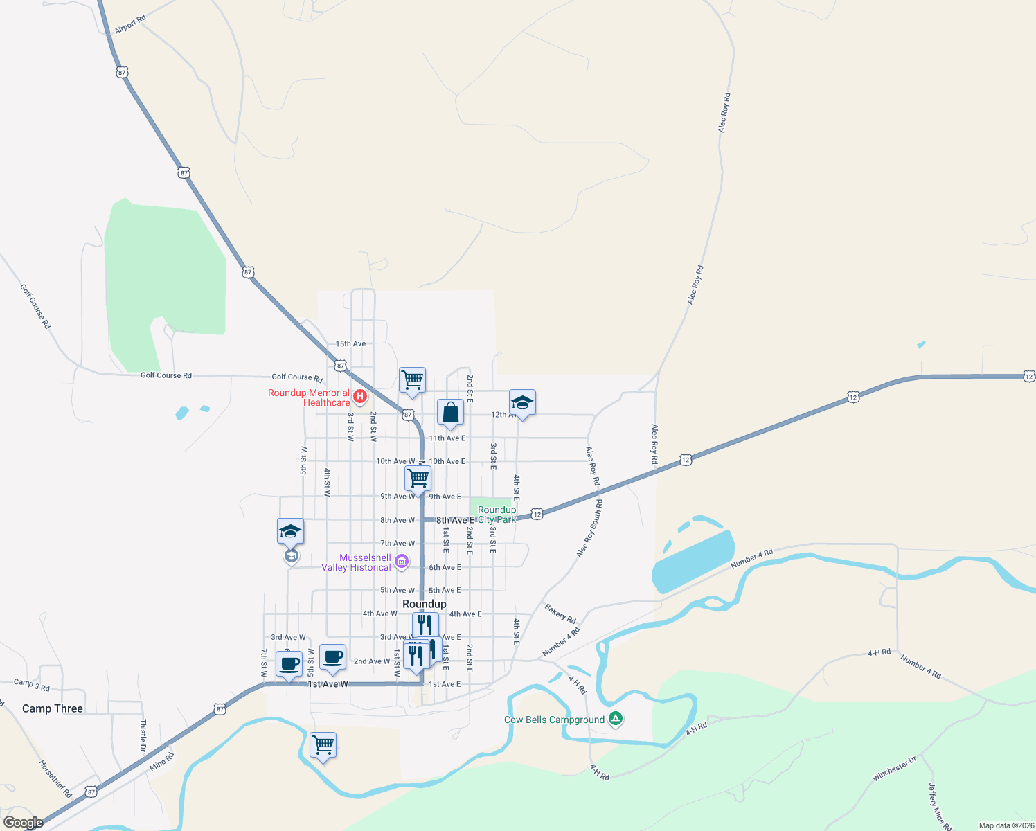 map of restaurants, bars, coffee shops, grocery stores, and more near 12th Avenue East in Roundup