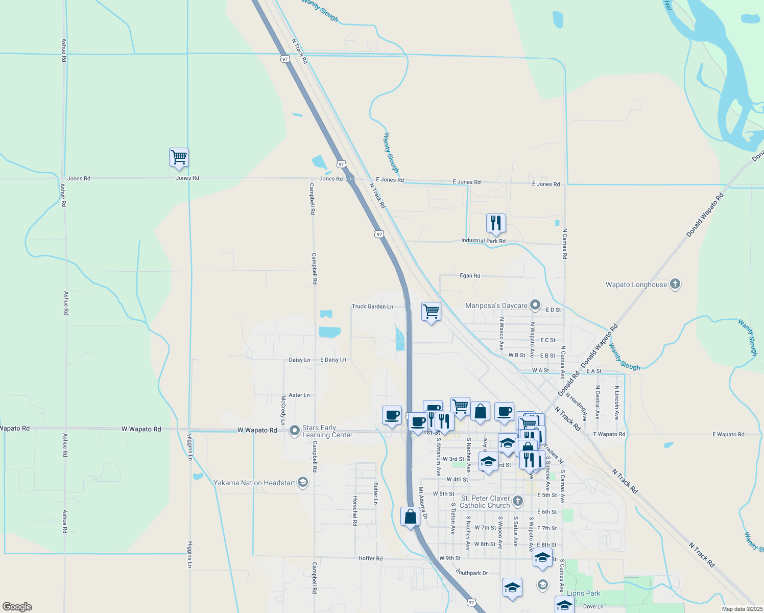 map of restaurants, bars, coffee shops, grocery stores, and more near 38 Truck Garden Ln in Wapato