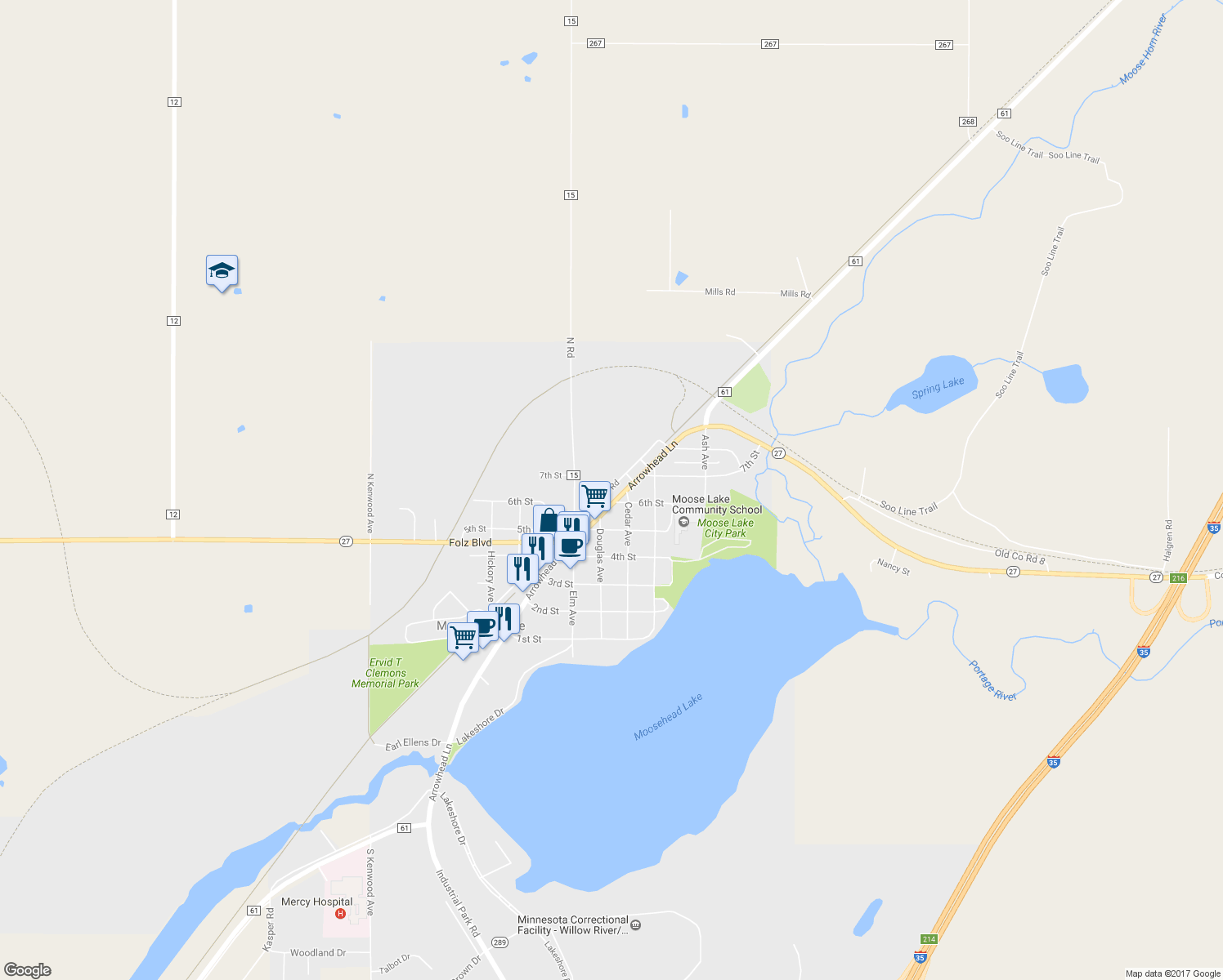 map of restaurants, bars, coffee shops, grocery stores, and more near 602 Industrial Road in Moose Lake
