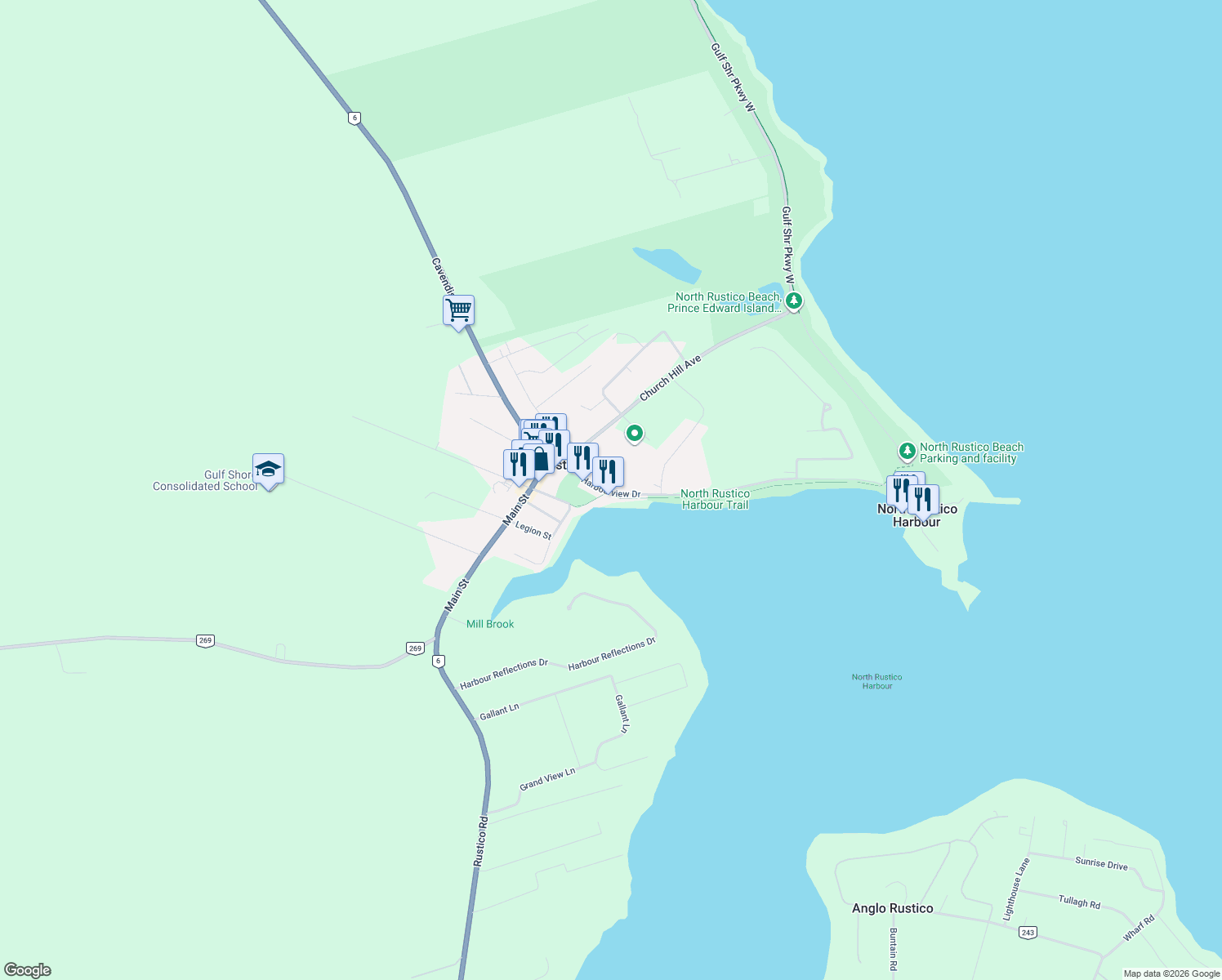 map of restaurants, bars, coffee shops, grocery stores, and more near 10 Allen Street in North Rustico