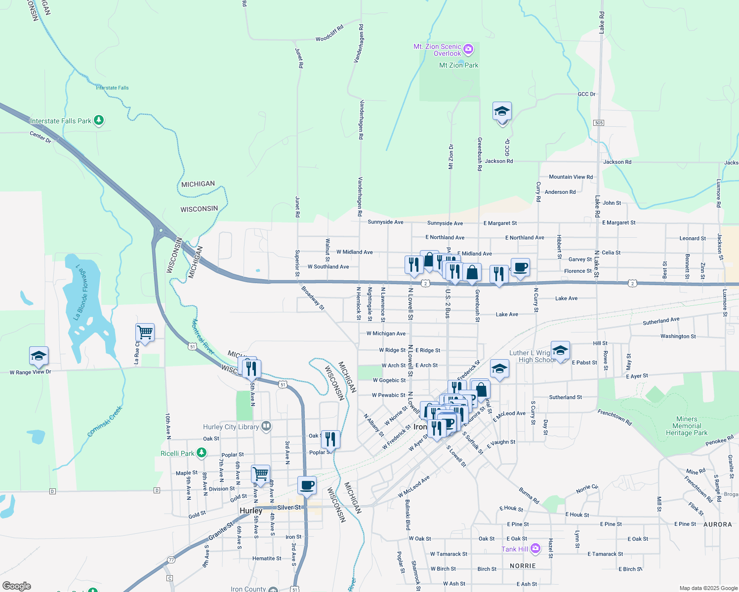map of restaurants, bars, coffee shops, grocery stores, and more near 399 W Francis St in Ironwood