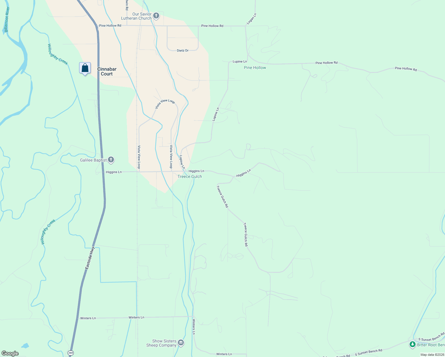 map of restaurants, bars, coffee shops, grocery stores, and more near 411 Treece Gulch Road in Stevensville
