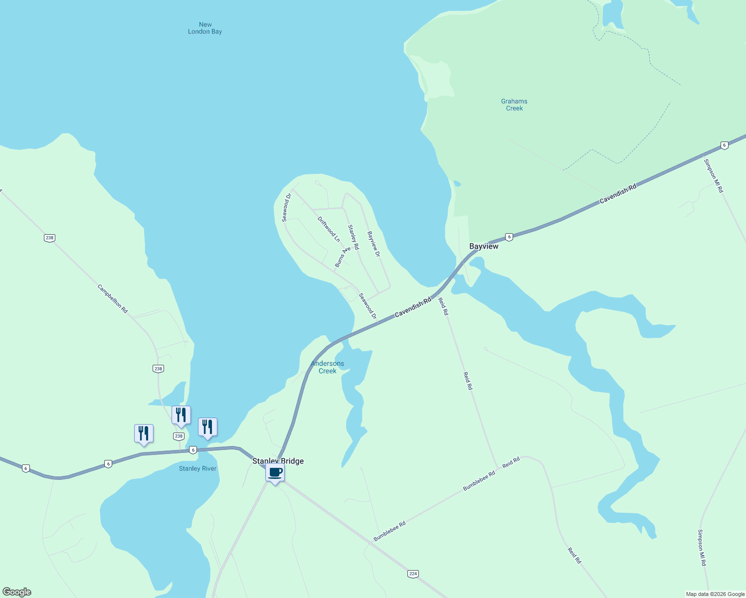 map of restaurants, bars, coffee shops, grocery stores, and more near 10 Bayview Drive in Breadalbane
