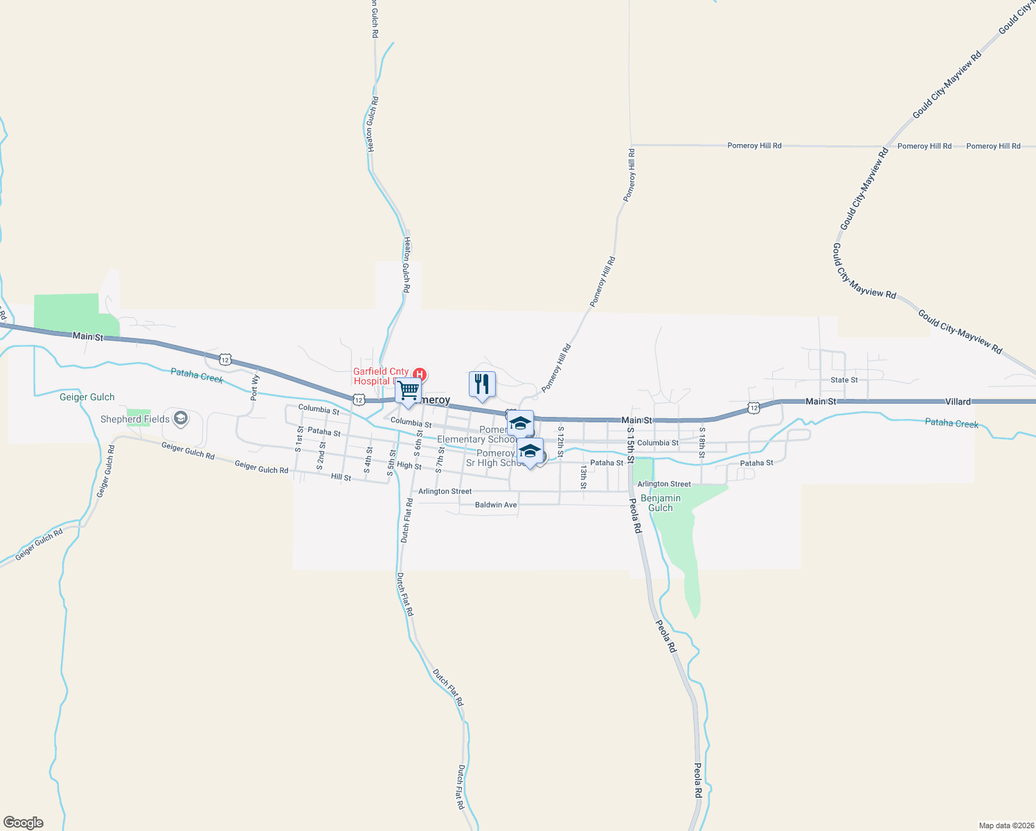 map of restaurants, bars, coffee shops, grocery stores, and more near 84 10th Street in Pomeroy