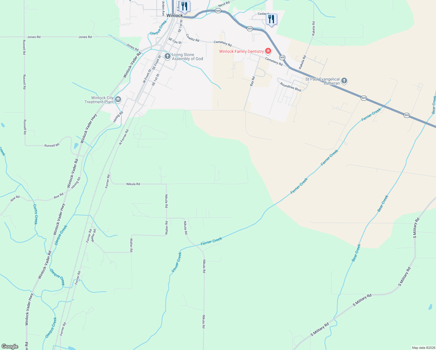 map of restaurants, bars, coffee shops, grocery stores, and more near 165 Winterroad Road in Winlock