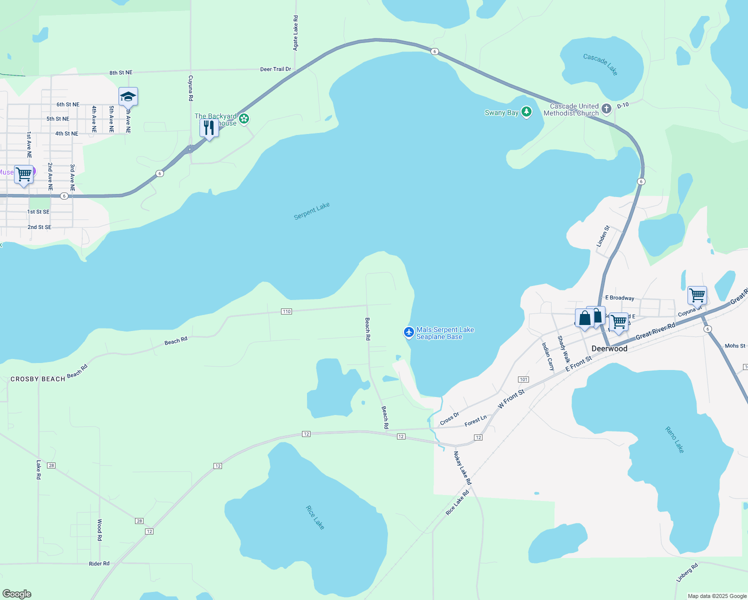 map of restaurants, bars, coffee shops, grocery stores, and more near 22052 Ministers Point Road in Deerwood