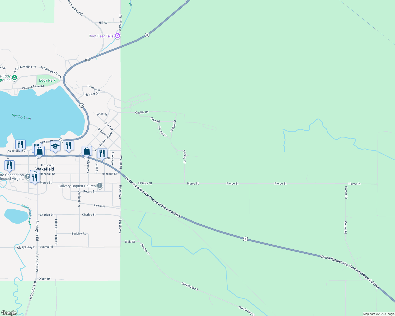 map of restaurants, bars, coffee shops, grocery stores, and more near 2500 Haukkala Road in Wakefield