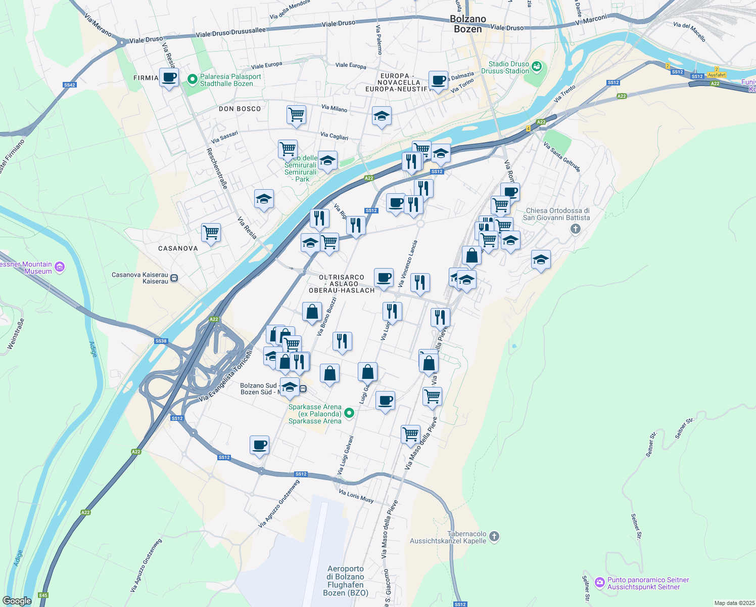 map of restaurants, bars, coffee shops, grocery stores, and more near 13 Via Alessandro Volta in Bolzano